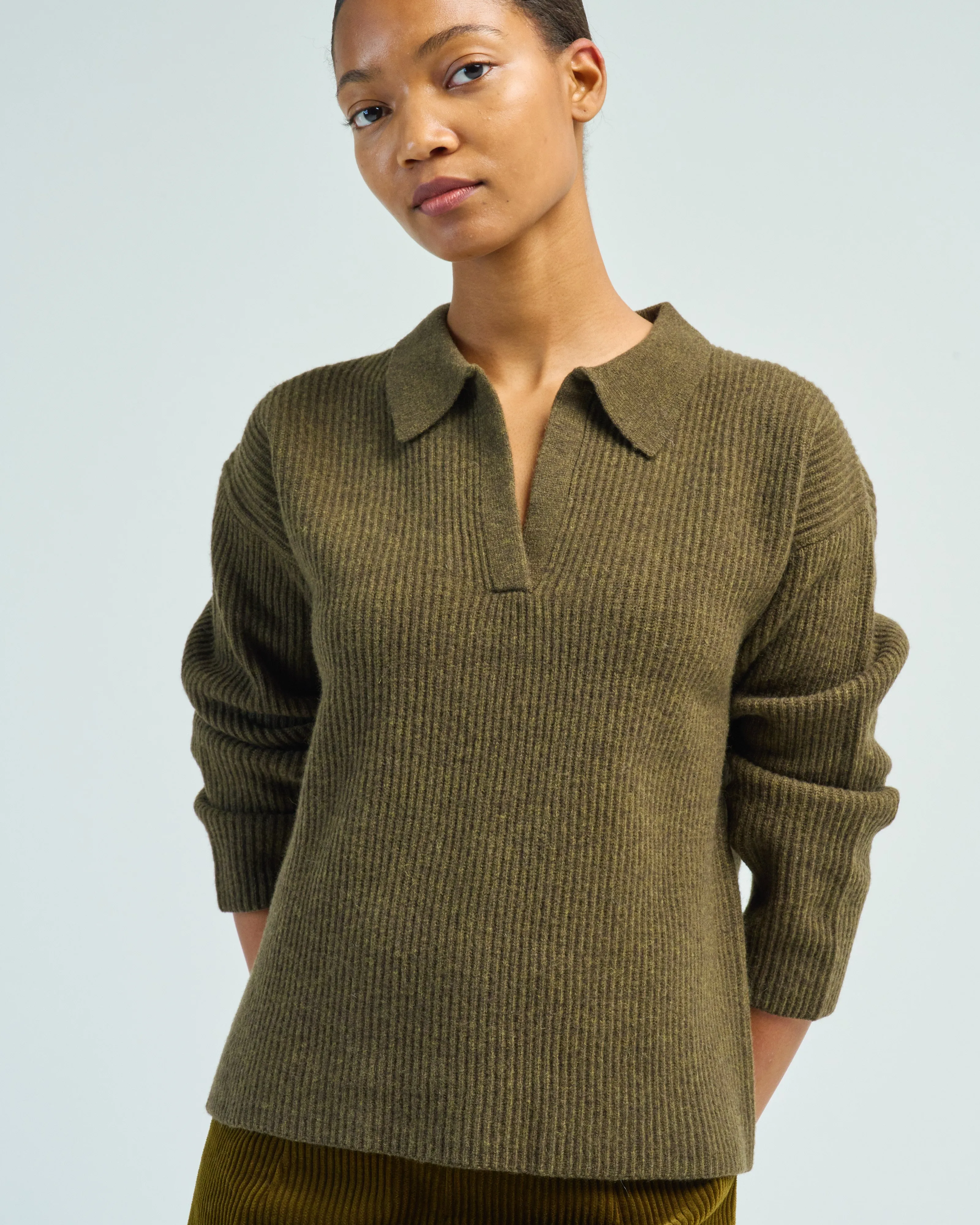 ribbed collared v-neck jumper