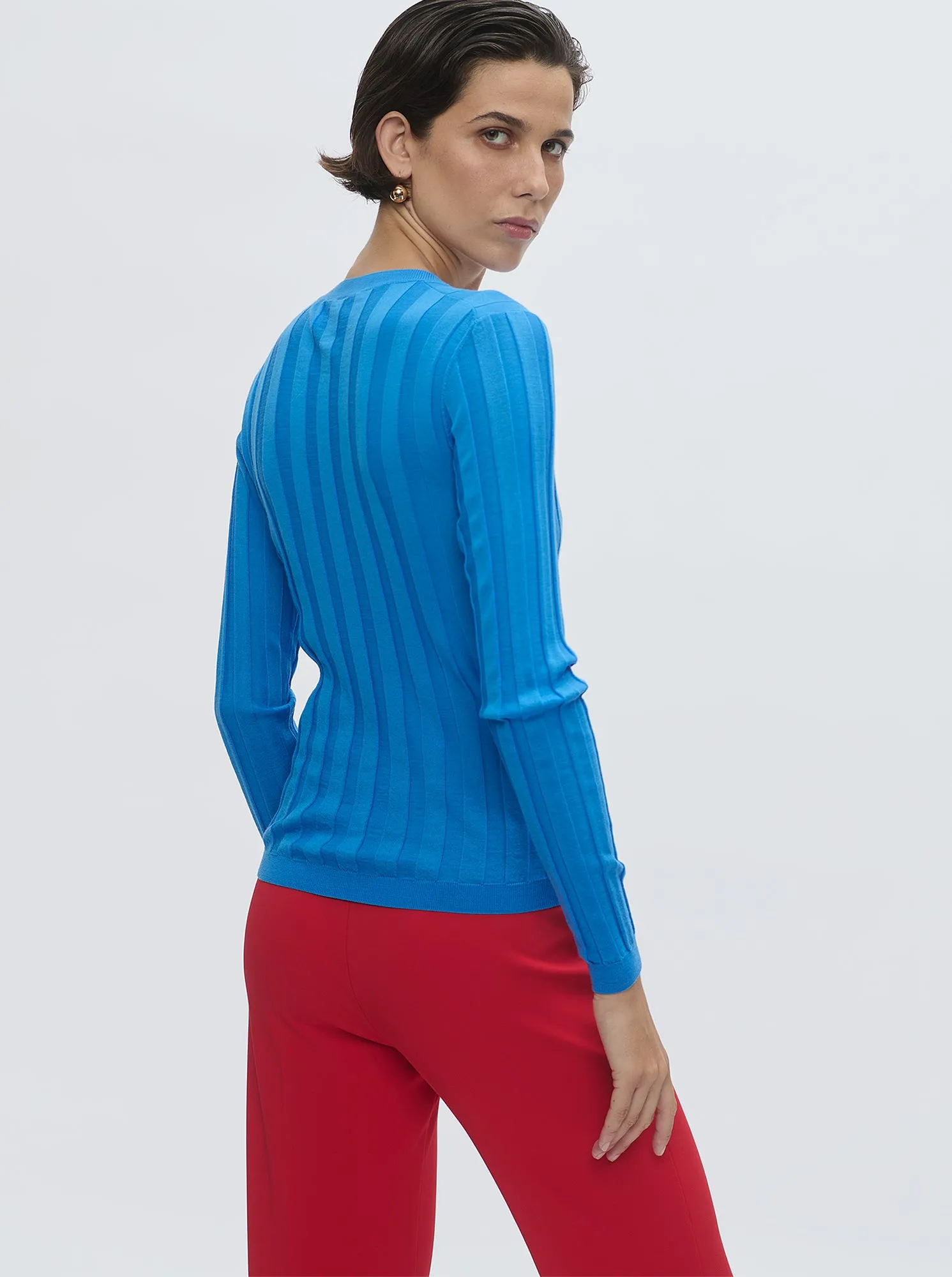 RIONE V-neck rib sweater Blue Sea