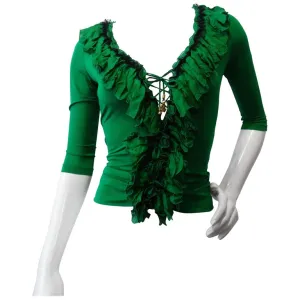 Roberto Cavalli Green Ruffle Corset Lace Up Top