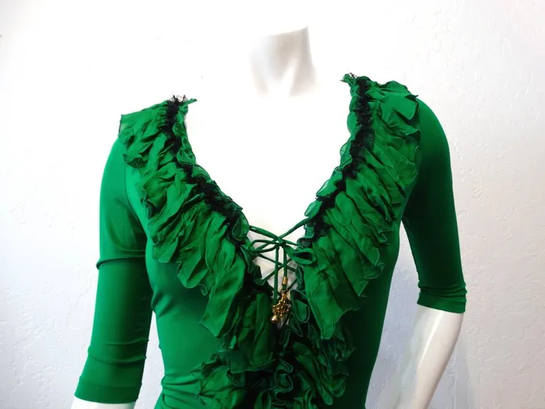 Roberto Cavalli Green Ruffle Corset Lace Up Top
