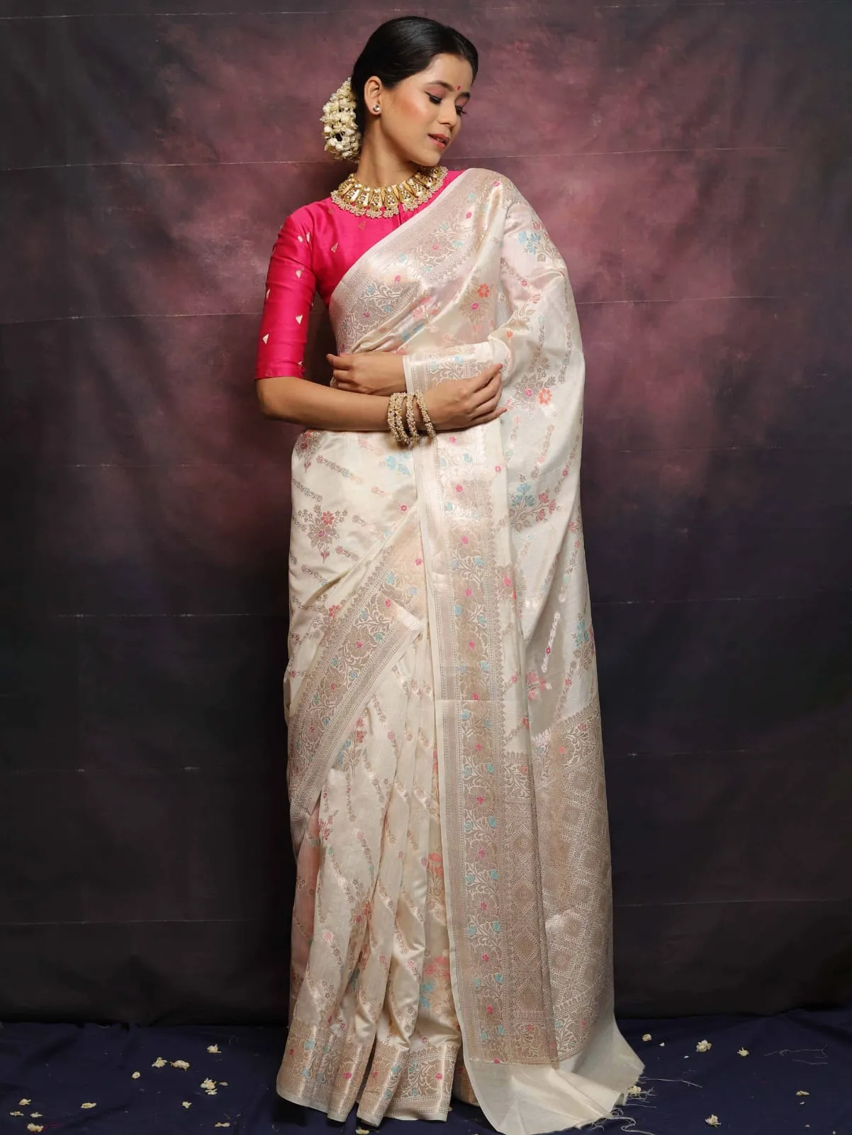 Rose Chiniya Silk Saree with Meenakari