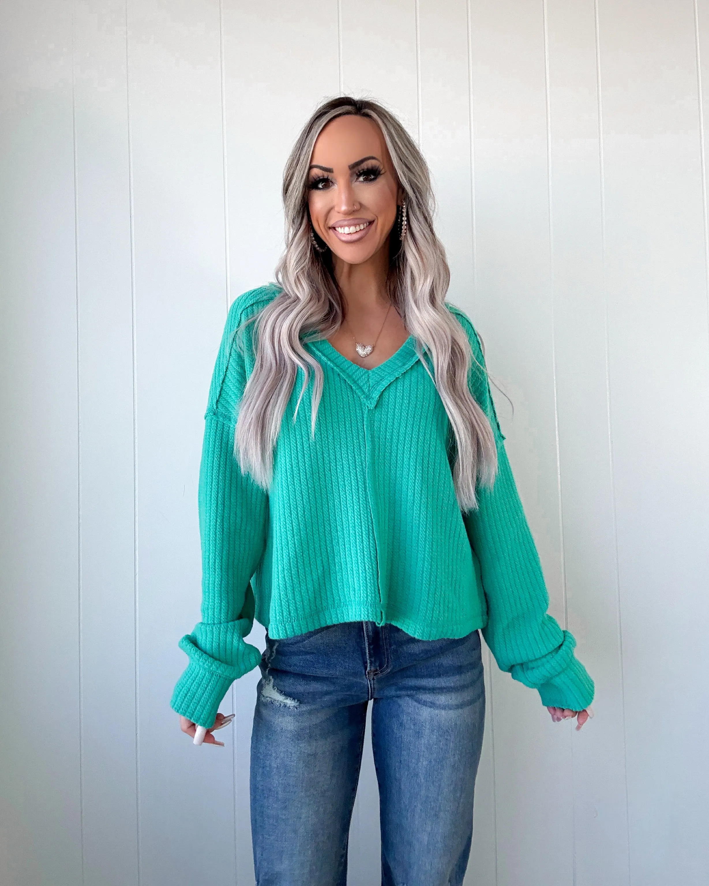 Rosy Meadows V-Neck Sweater - Seafoam