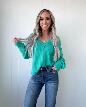 Rosy Meadows V-Neck Sweater - Seafoam