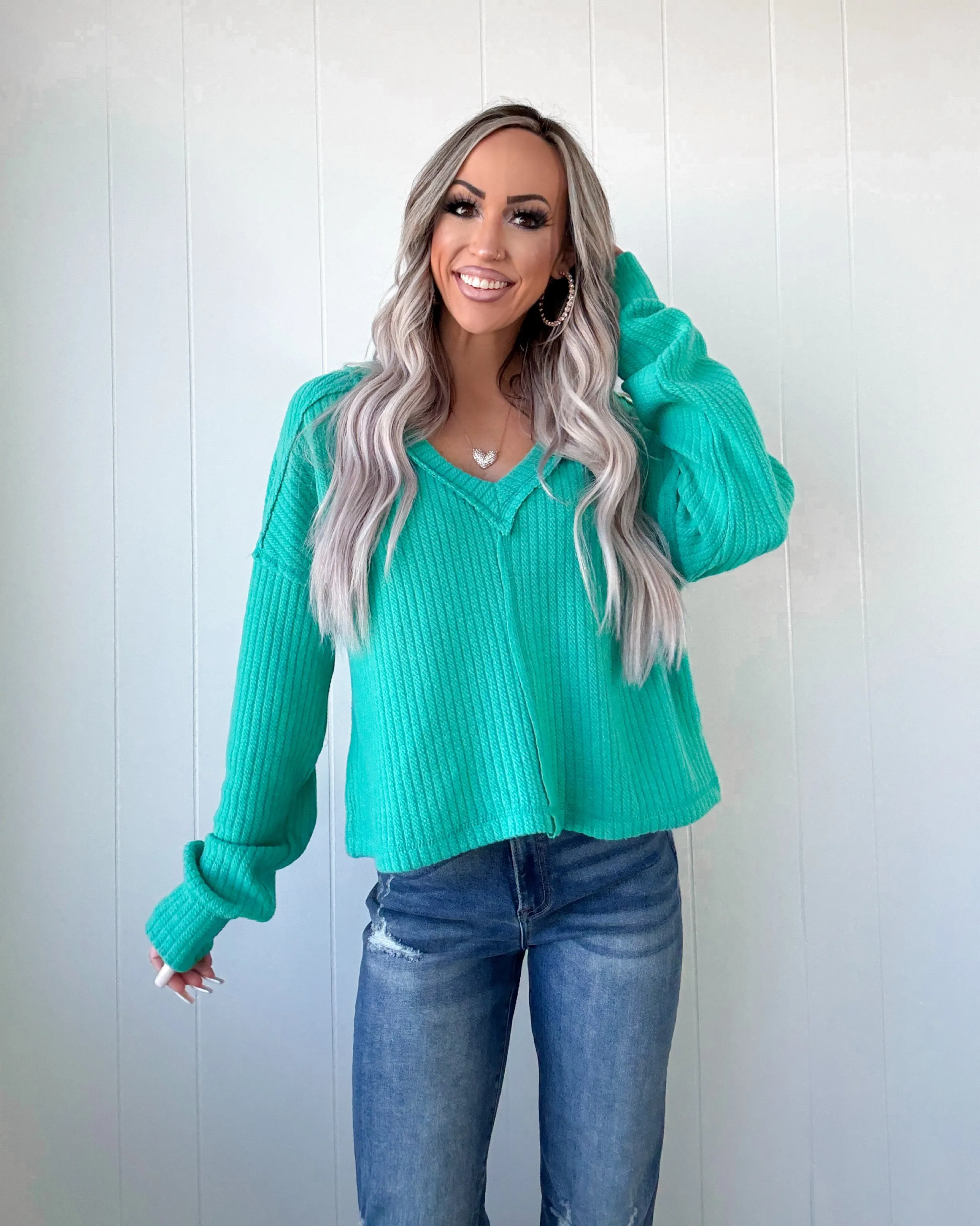 Rosy Meadows V-Neck Sweater - Seafoam