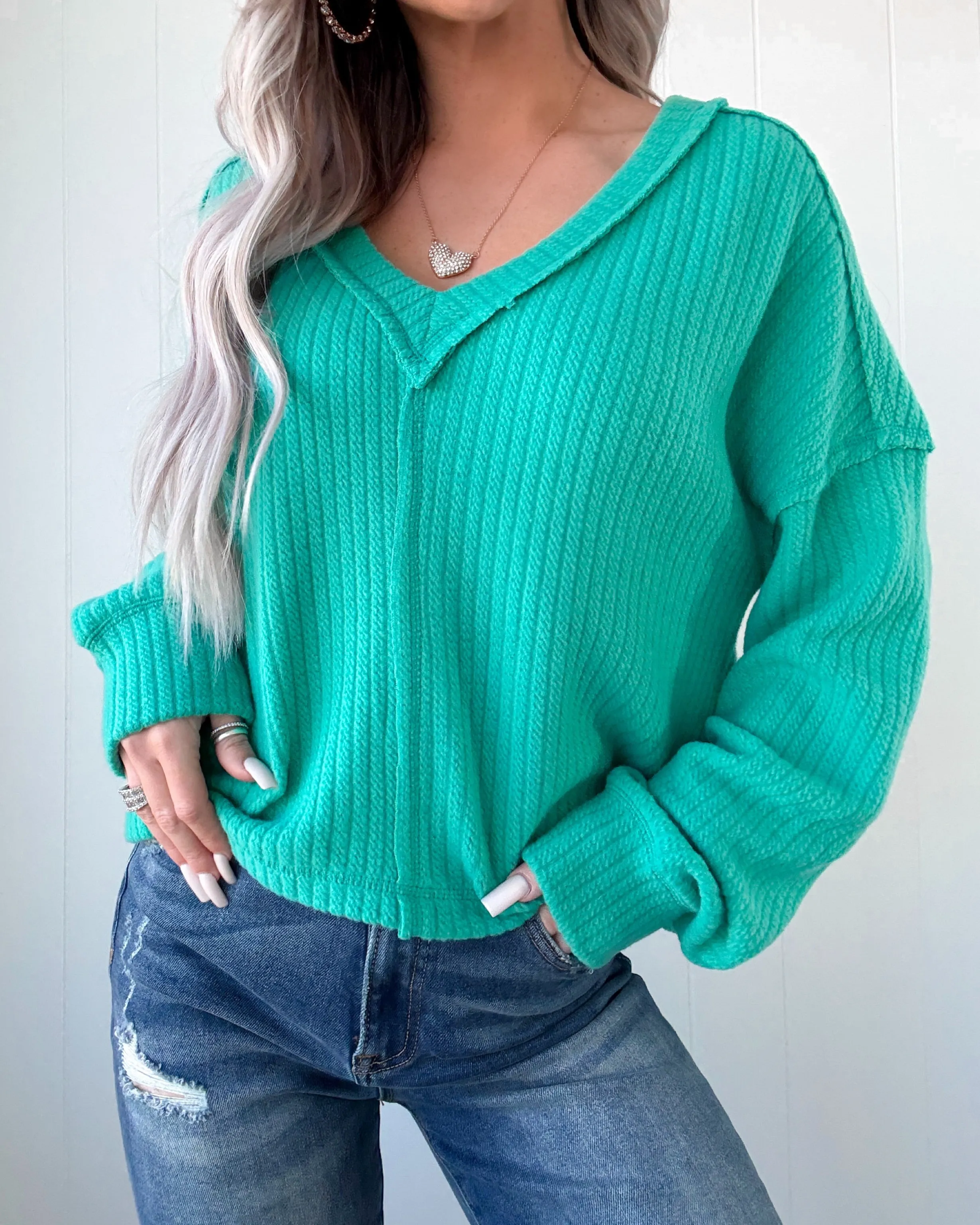 Rosy Meadows V-Neck Sweater - Seafoam