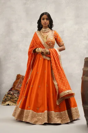 Rust Orange Embroidered Blouse, Lehenga And Dupatta Set