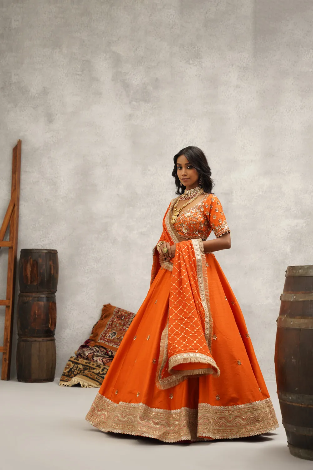 Rust Orange Embroidered Blouse, Lehenga And Dupatta Set