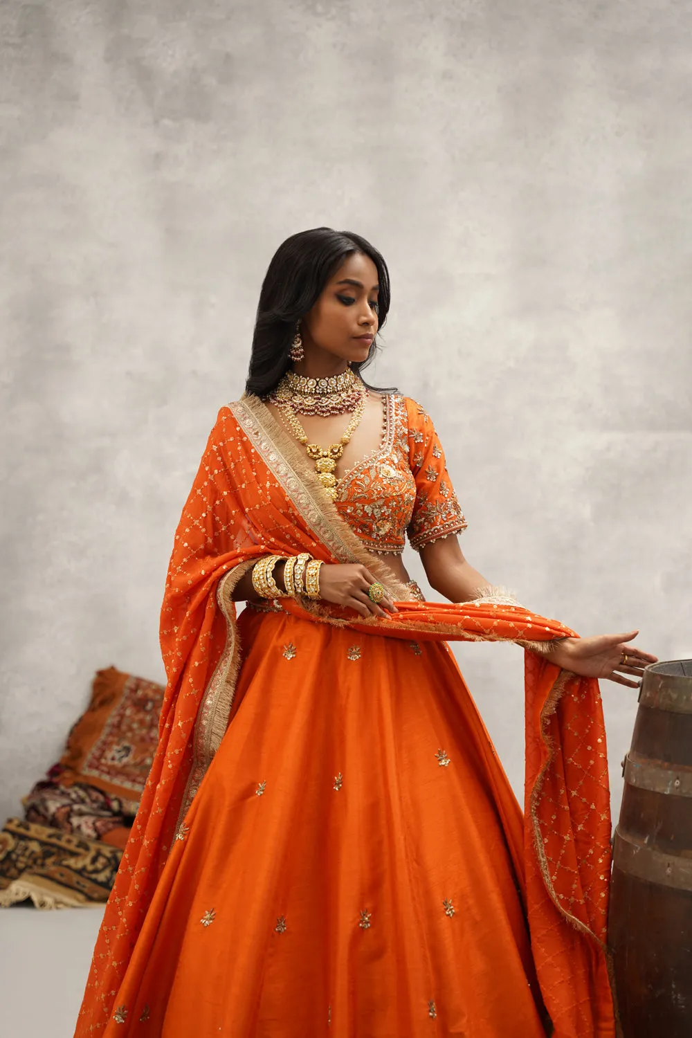 Rust Orange Embroidered Blouse, Lehenga And Dupatta Set