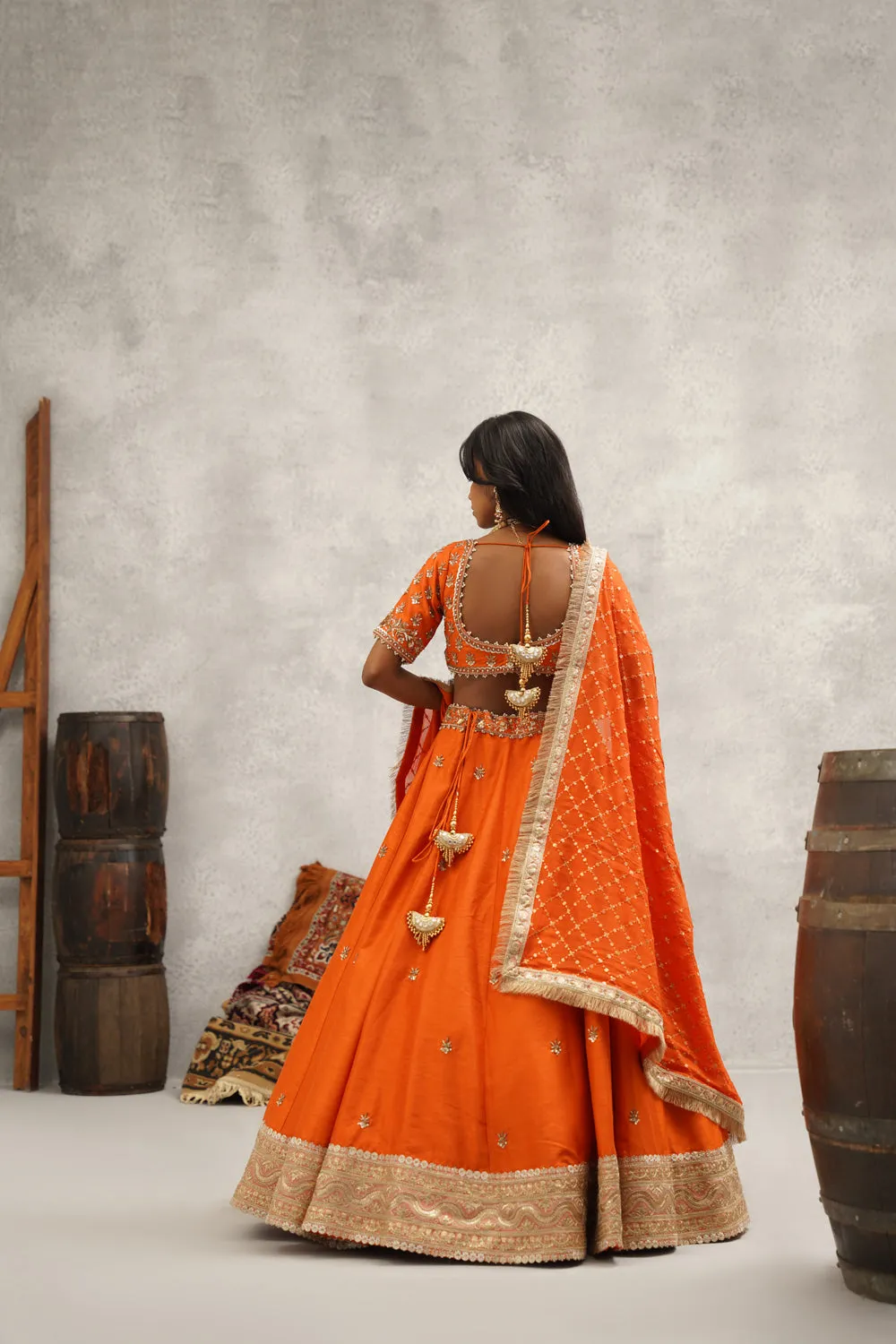 Rust Orange Embroidered Blouse, Lehenga And Dupatta Set