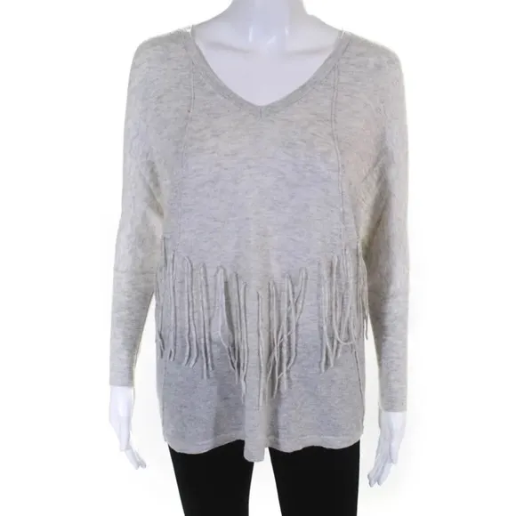 Sandro Paris Alpaca Blend Fringe V Neck Sweater Soft Gray 1 S