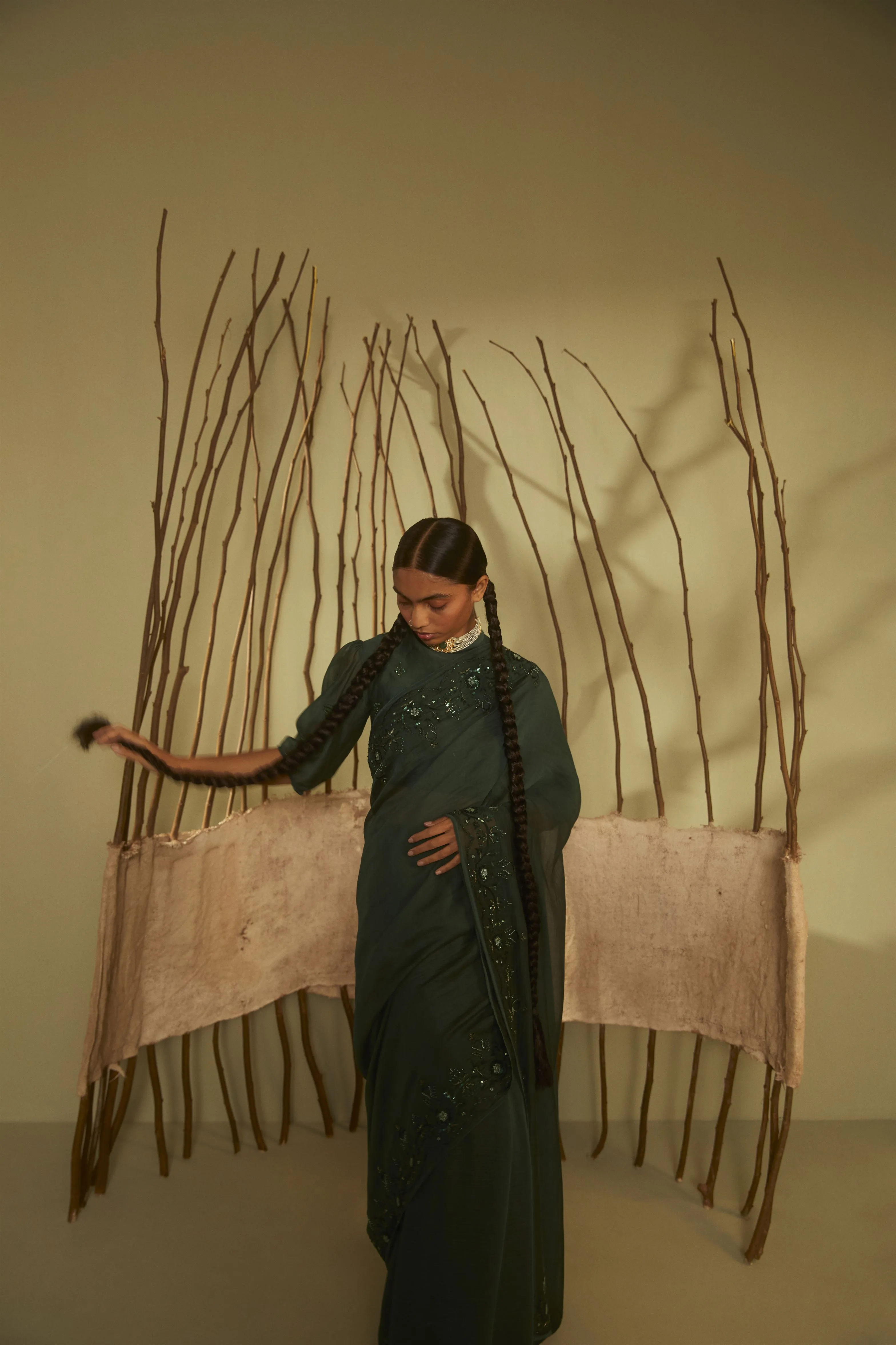 Sarang Kaur  I Bridle Path Green Sunshine saree Chanderi silk Blouse piece Chanderi silk Jhoomar SK01199