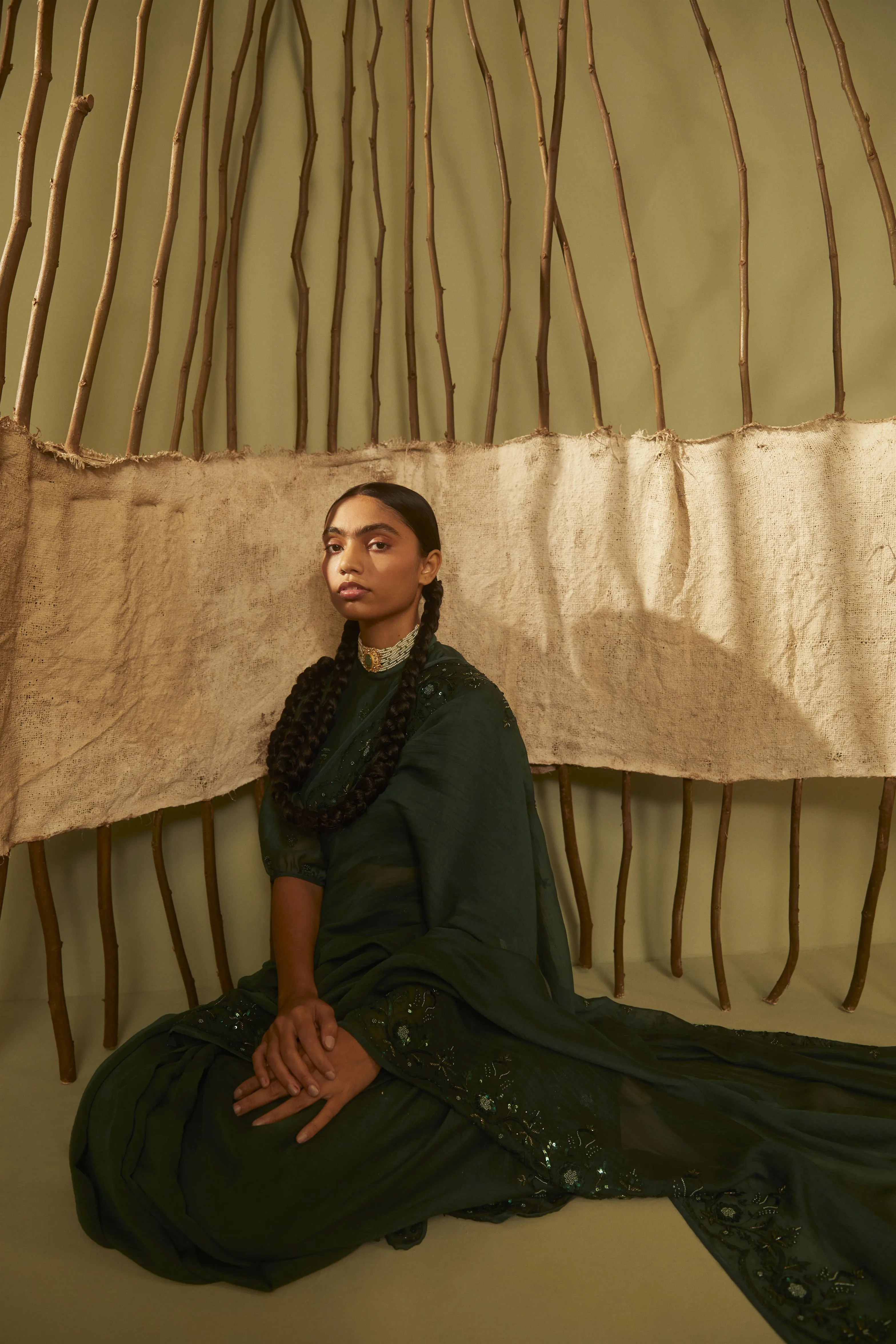 Sarang Kaur  I Bridle Path Green Sunshine saree Chanderi silk Blouse piece Chanderi silk Jhoomar SK01199