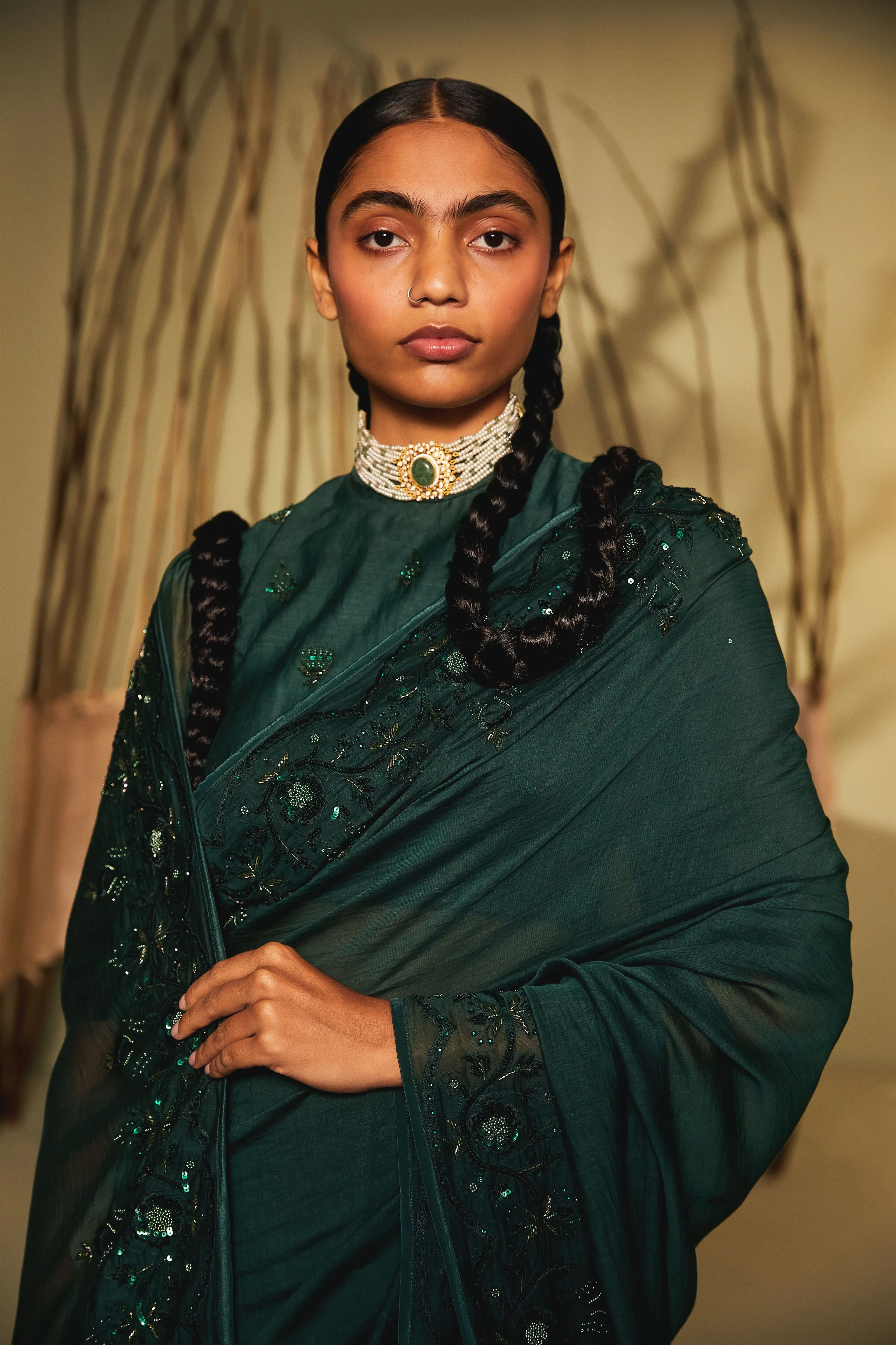Sarang Kaur  I Bridle Path Green Sunshine saree Chanderi silk Blouse piece Chanderi silk Jhoomar SK01199