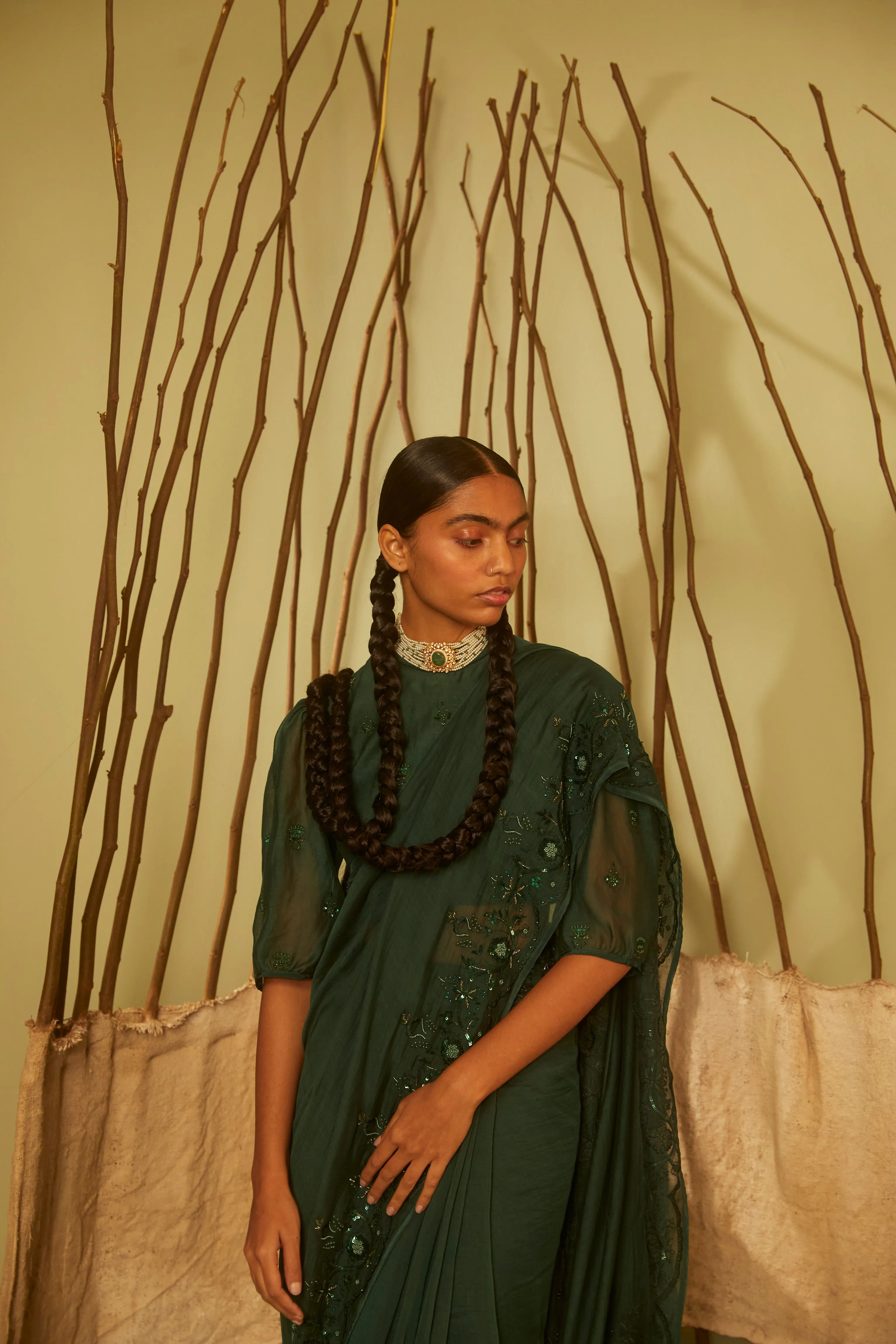 Sarang Kaur  I Bridle Path Green Sunshine saree Chanderi silk Blouse piece Chanderi silk Jhoomar SK01199