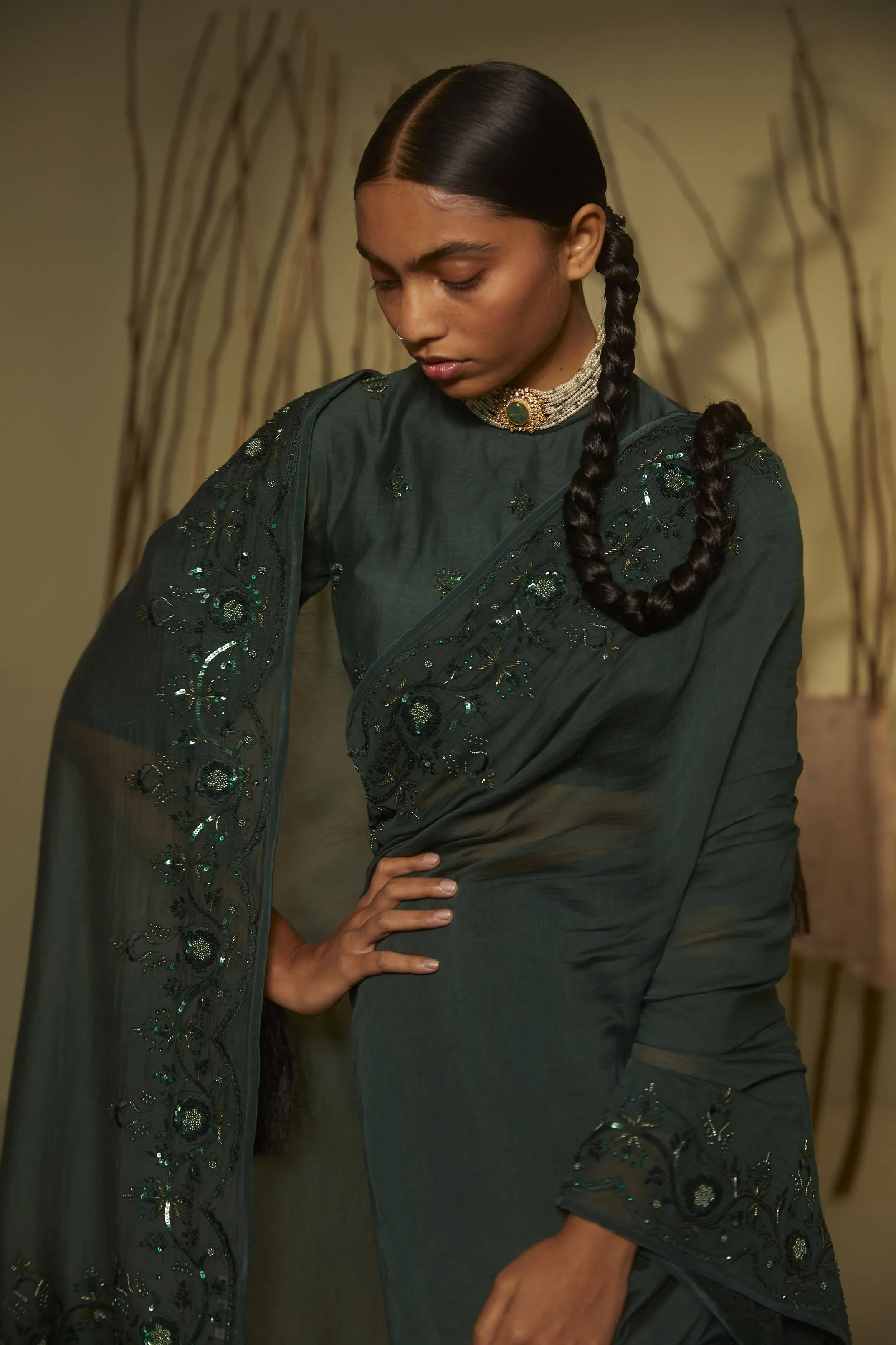 Sarang Kaur  I Bridle Path Green Sunshine saree Chanderi silk Blouse piece Chanderi silk Jhoomar SK01199