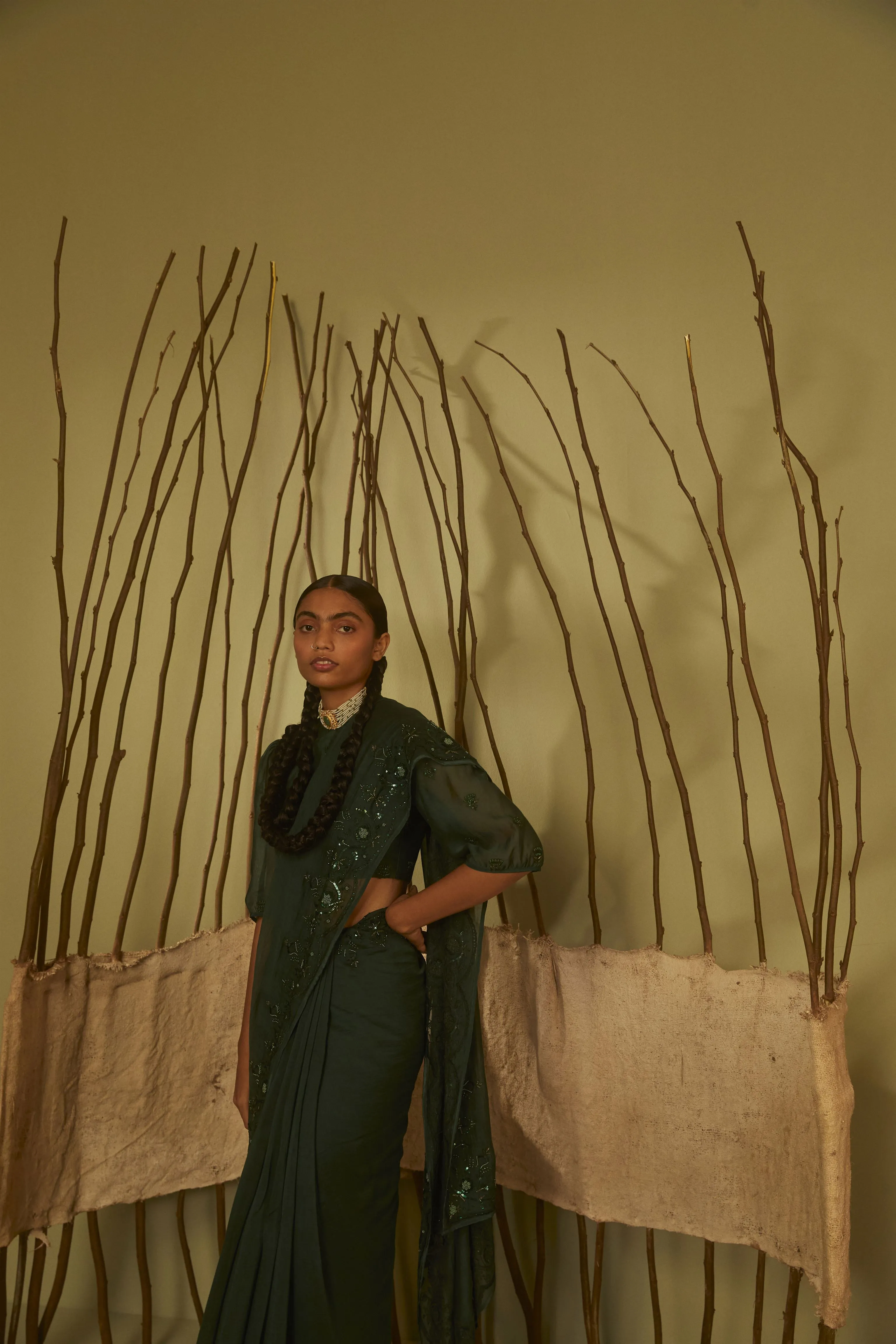 Sarang Kaur  I Bridle Path Green Sunshine saree Chanderi silk Blouse piece Chanderi silk Jhoomar SK01199