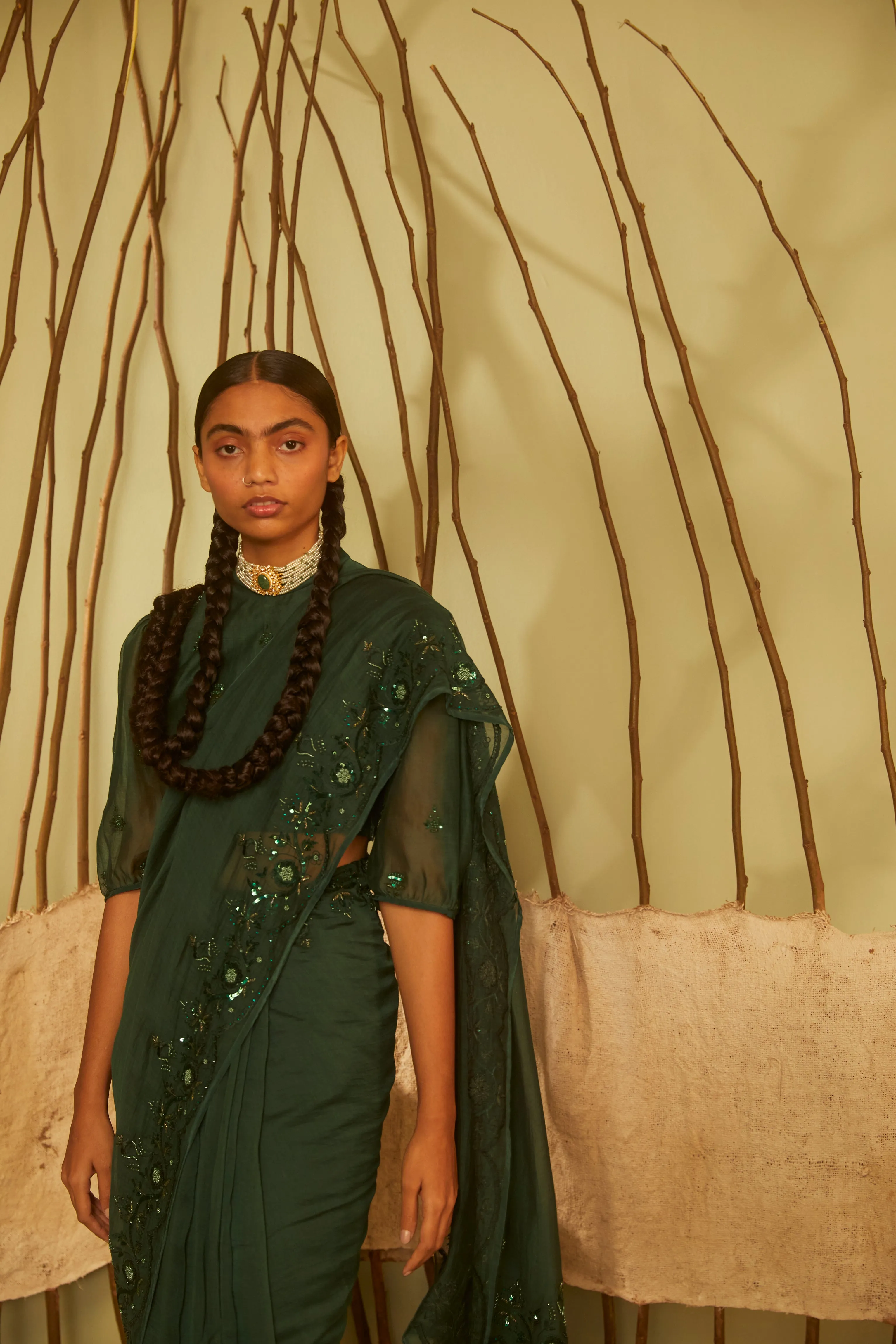 Sarang Kaur  I Bridle Path Green Sunshine saree Chanderi silk Blouse piece Chanderi silk Jhoomar SK01199