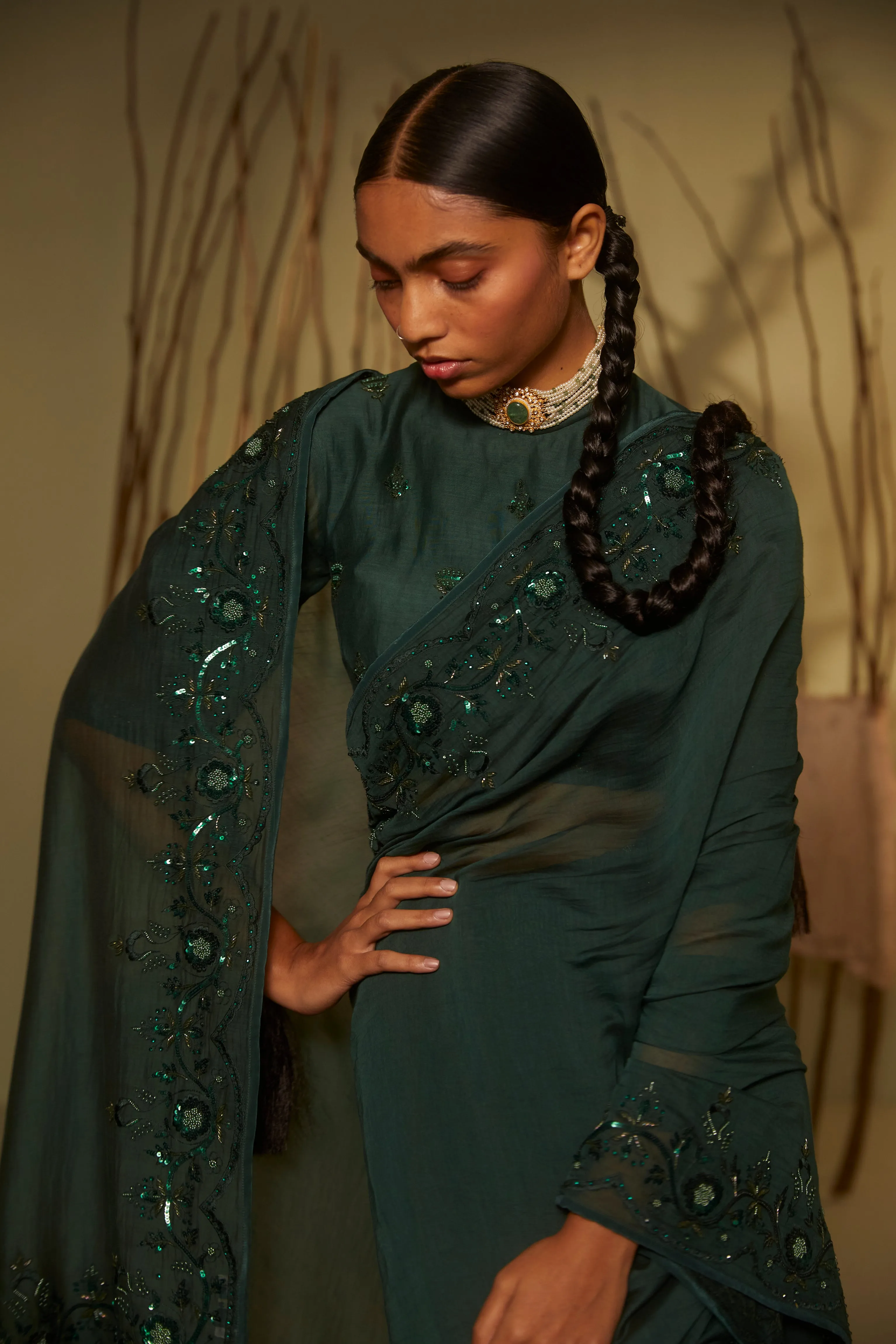 Sarang Kaur  I Bridle Path Green Sunshine saree Chanderi silk Blouse piece Chanderi silk Jhoomar SK01199