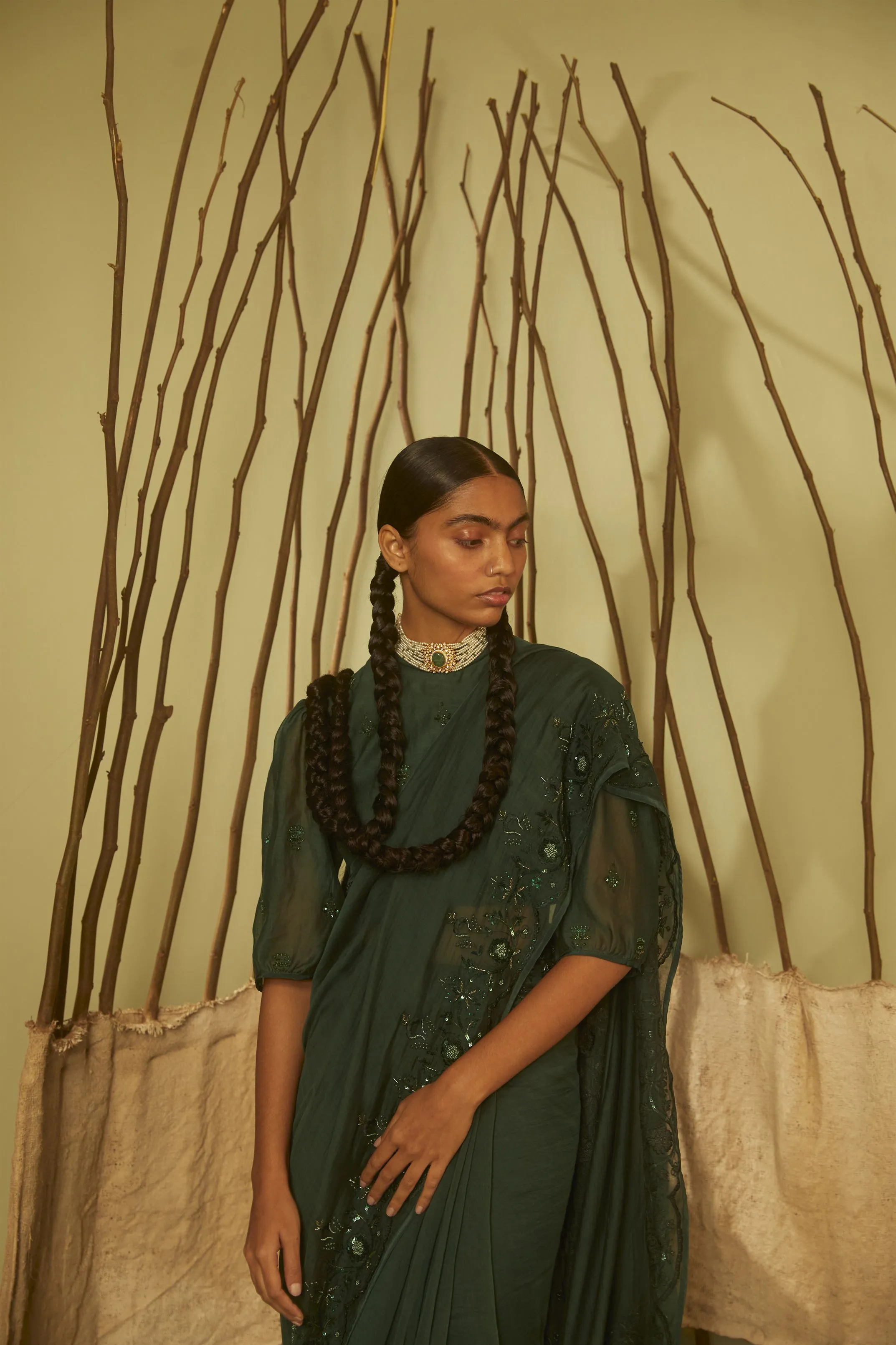 Sarang Kaur  I Bridle Path Green Sunshine saree Chanderi silk Blouse piece Chanderi silk Jhoomar SK01199