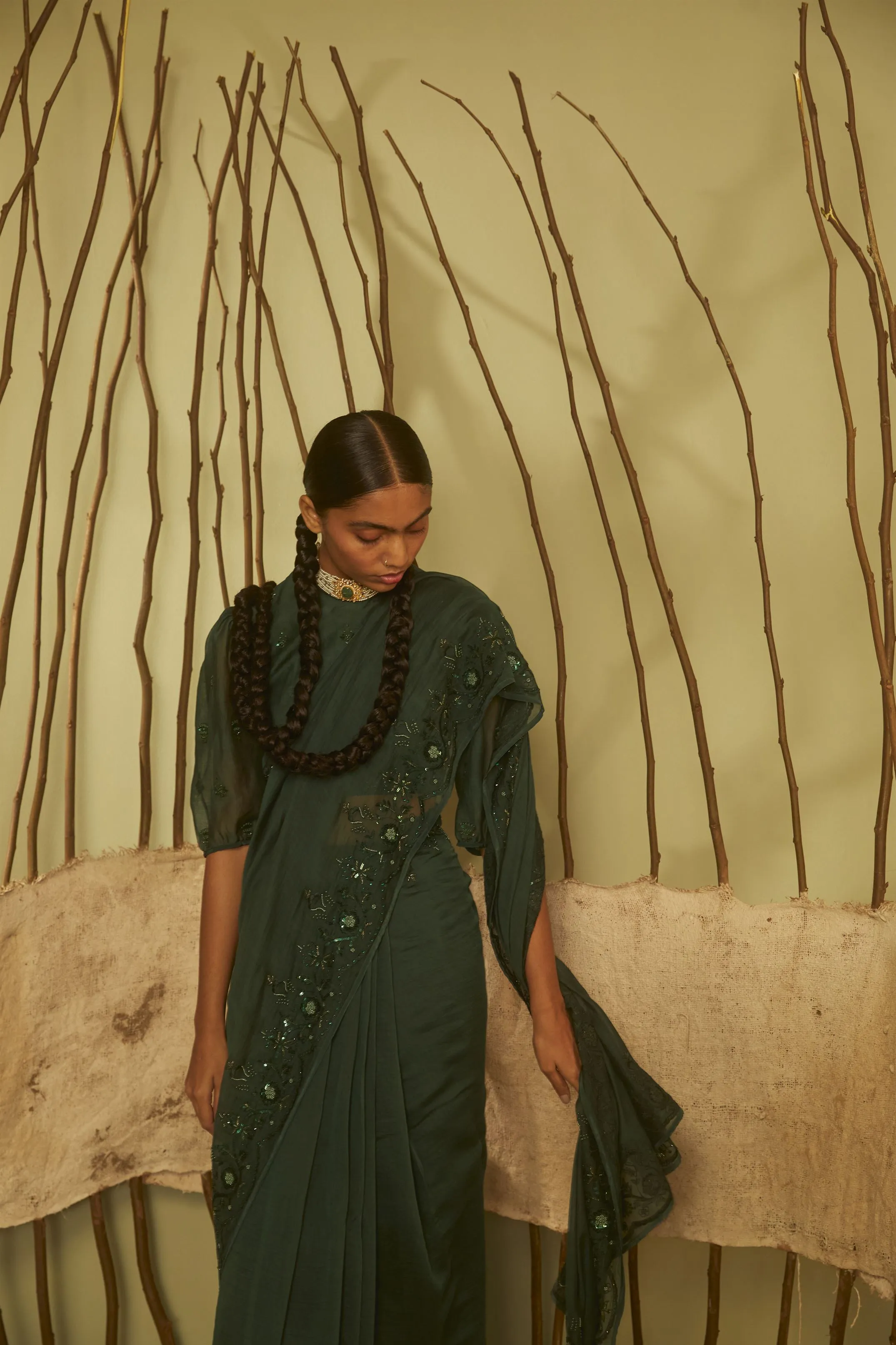Sarang Kaur  I Bridle Path Green Sunshine saree Chanderi silk Blouse piece Chanderi silk Jhoomar SK01199