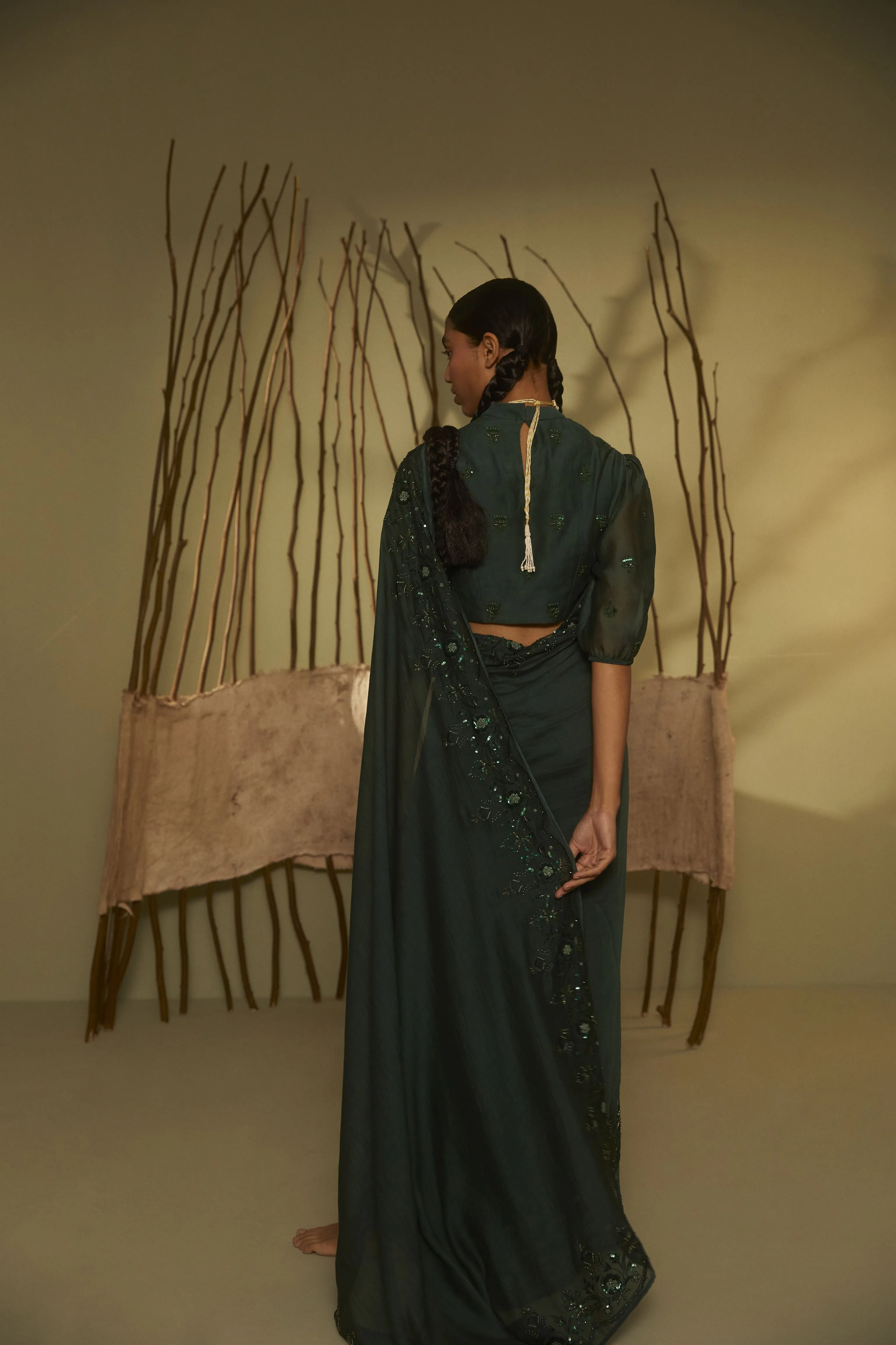 Sarang Kaur  I Bridle Path Green Sunshine saree Chanderi silk Blouse piece Chanderi silk Jhoomar SK01199