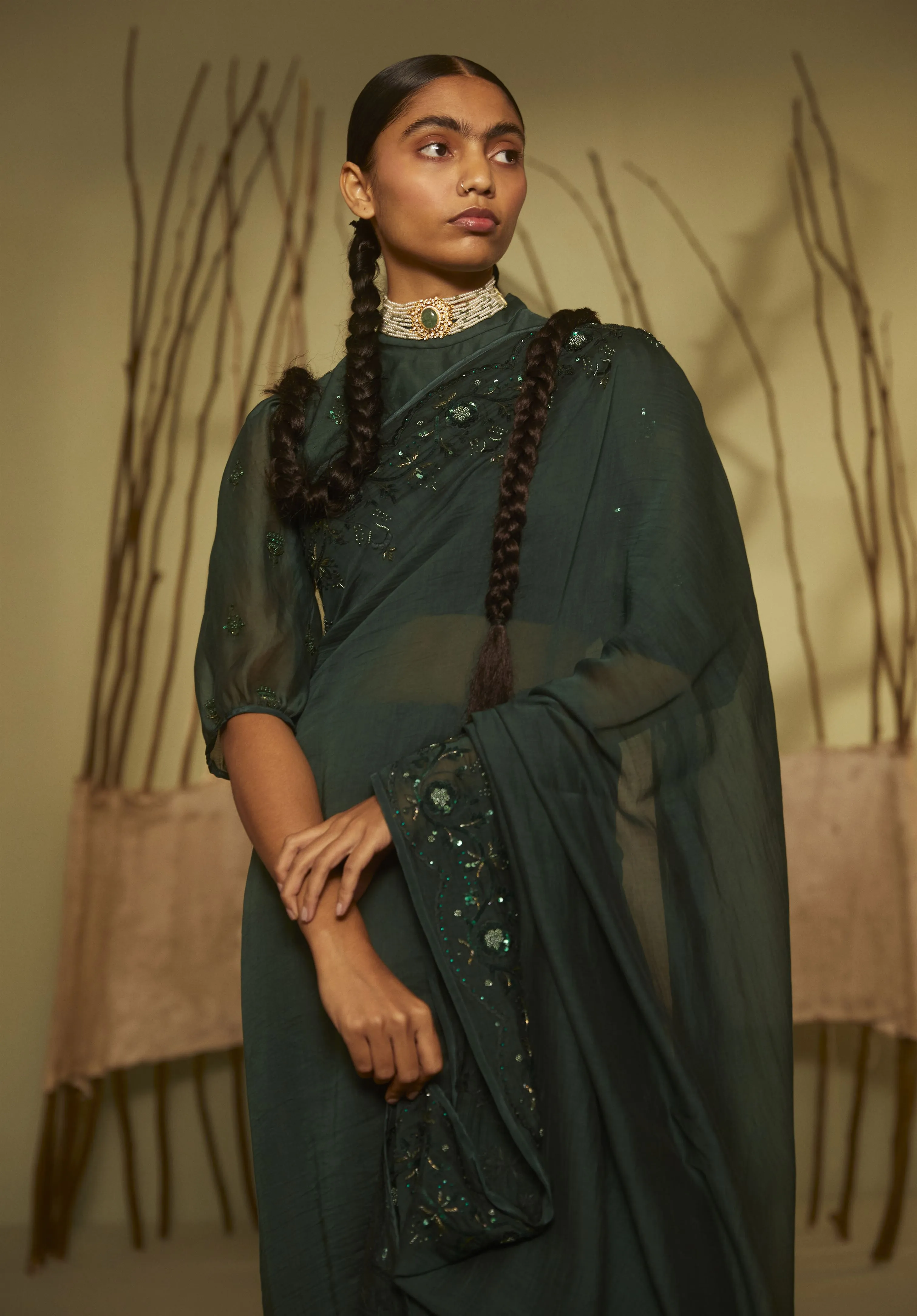 Sarang Kaur  I Bridle Path Green Sunshine saree Chanderi silk Blouse piece Chanderi silk Jhoomar SK01199