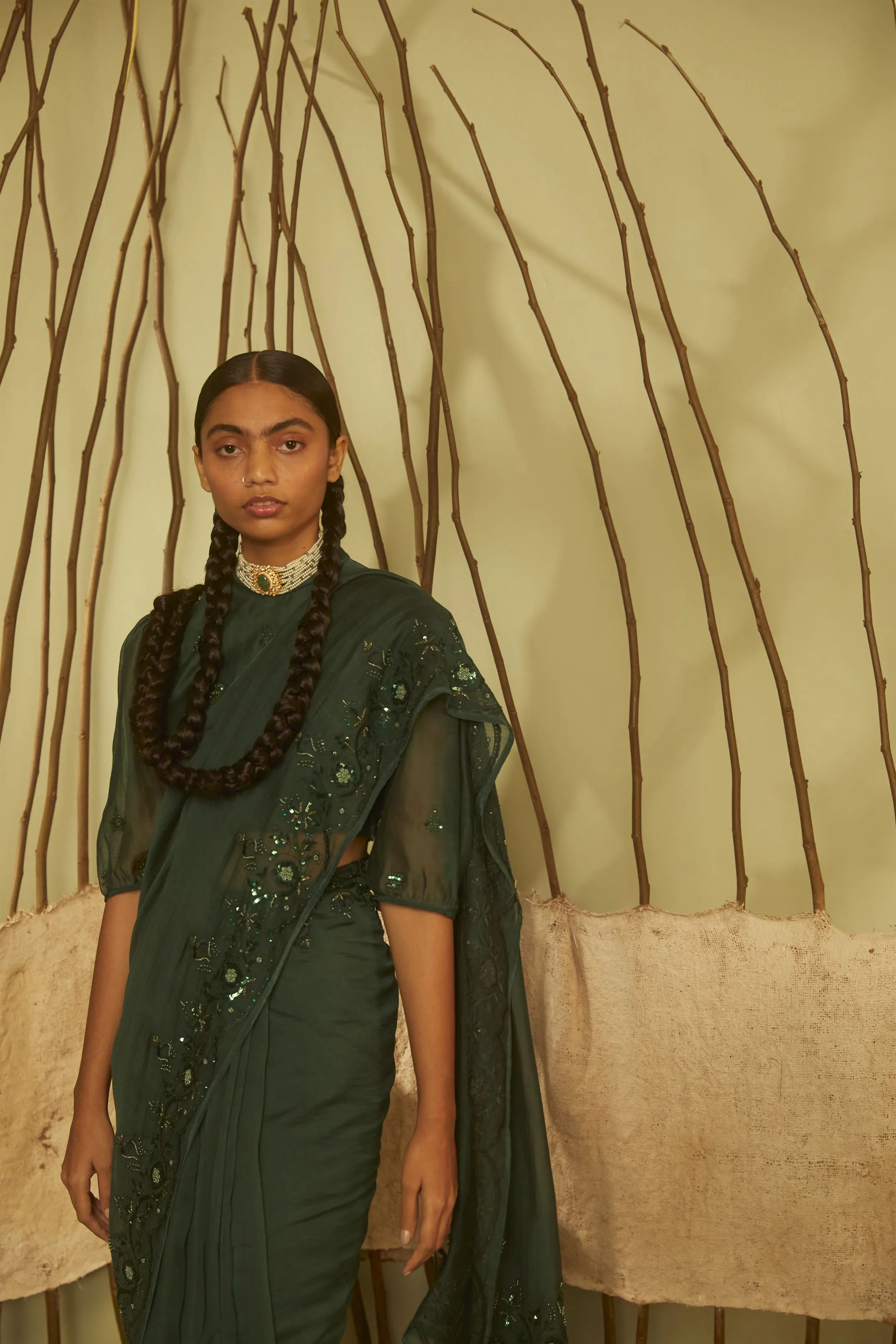 Sarang Kaur  I Bridle Path Green Sunshine saree Chanderi silk Blouse piece Chanderi silk Jhoomar SK01199
