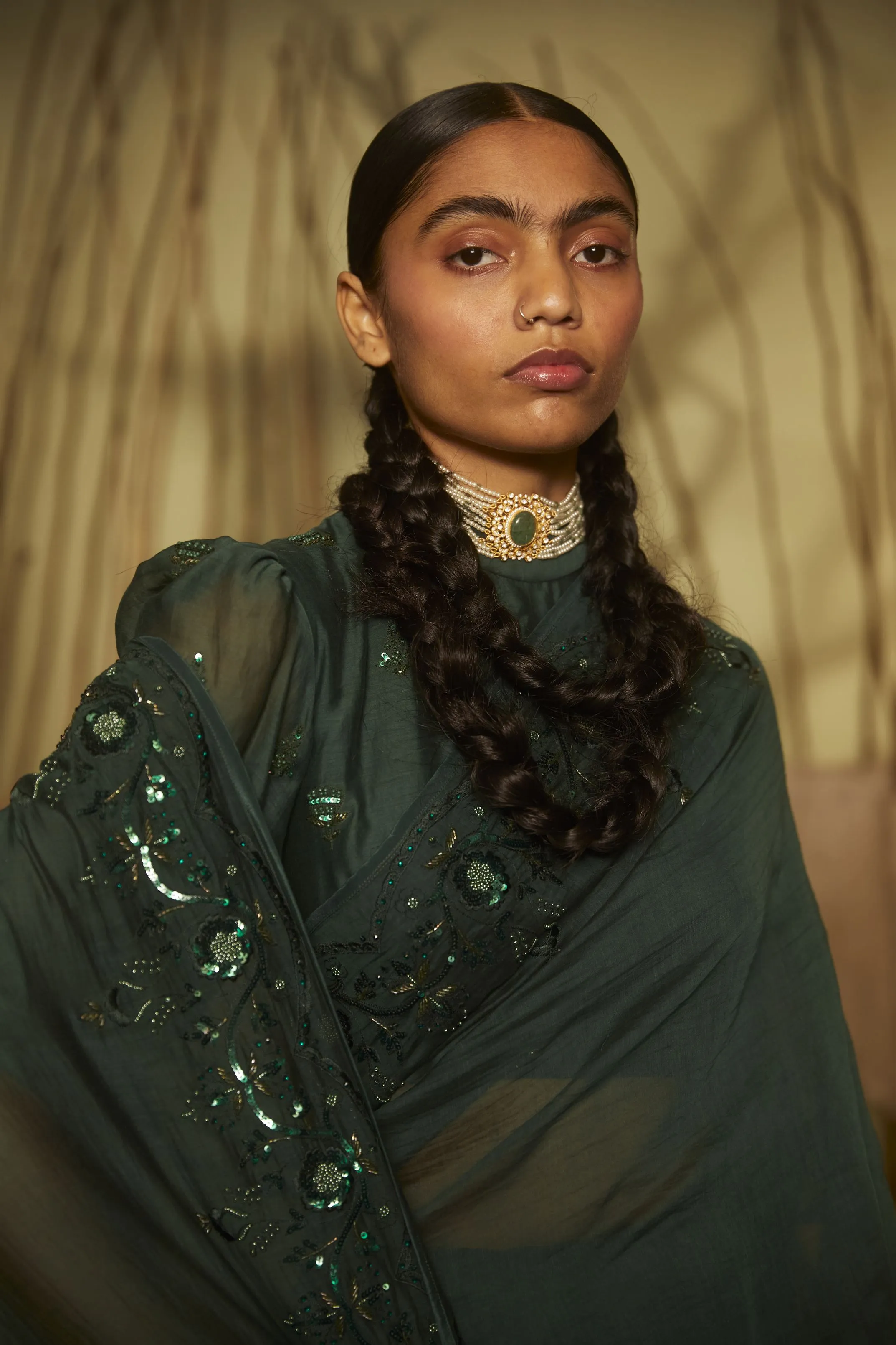 Sarang Kaur  I Bridle Path Green Sunshine saree Chanderi silk Blouse piece Chanderi silk Jhoomar SK01199