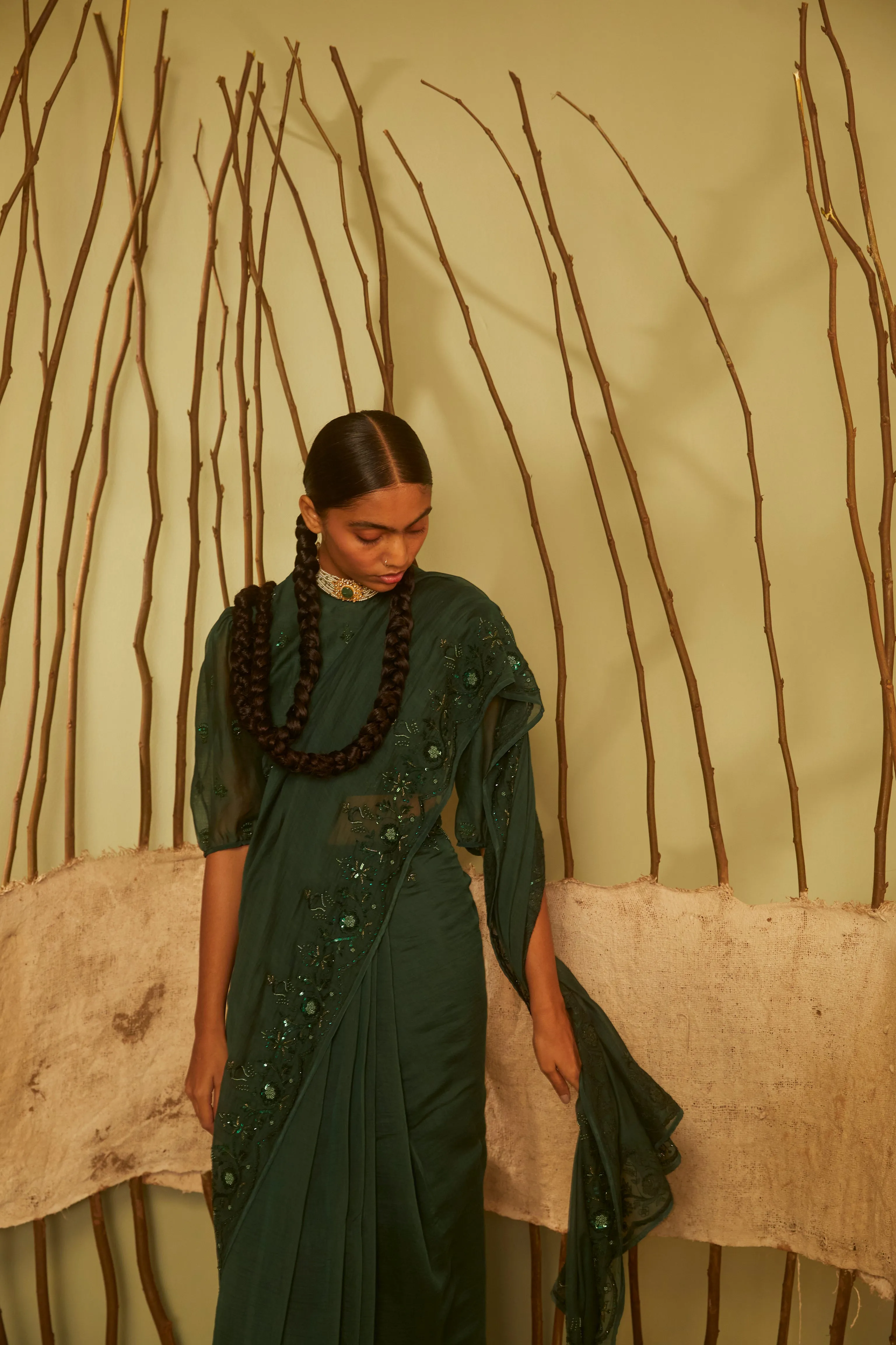 Sarang Kaur  I Bridle Path Green Sunshine saree Chanderi silk Blouse piece Chanderi silk Jhoomar SK01199