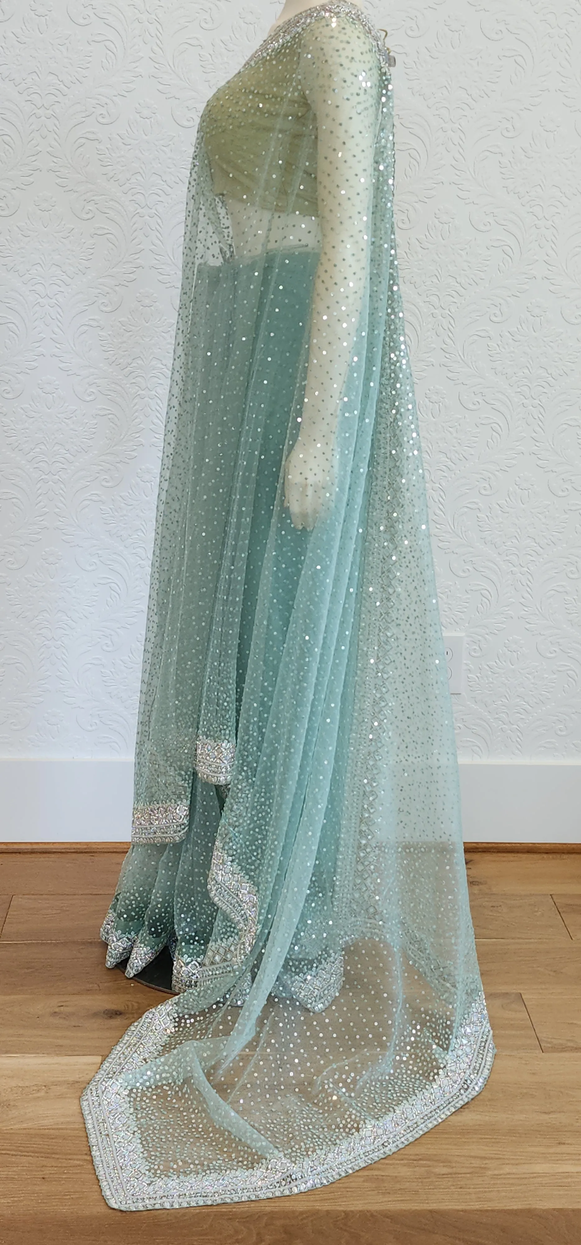 Sequence Organza Saree in Sea Green W/Custom Blouse.