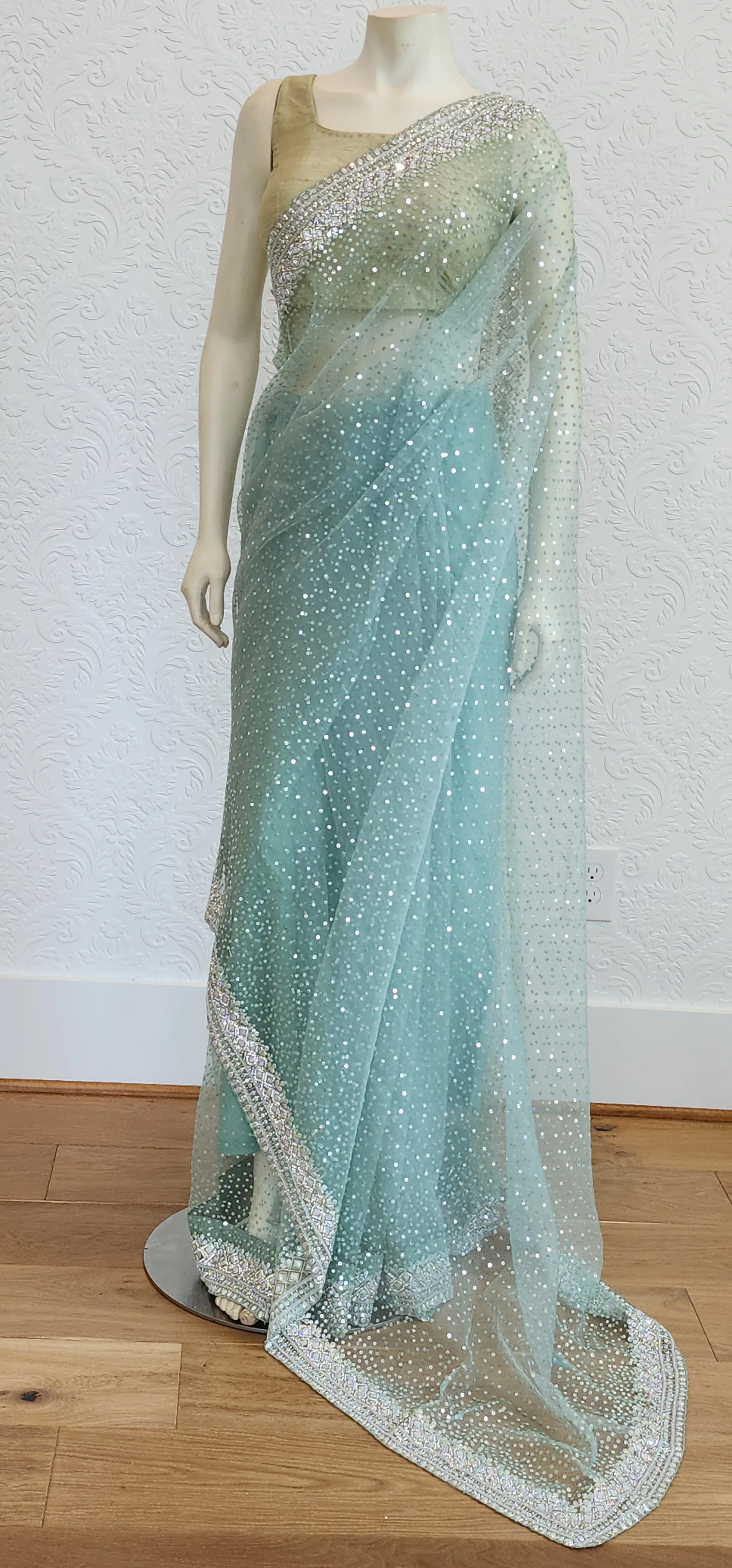 Sequence Organza Saree in Sea Green W/Custom Blouse.