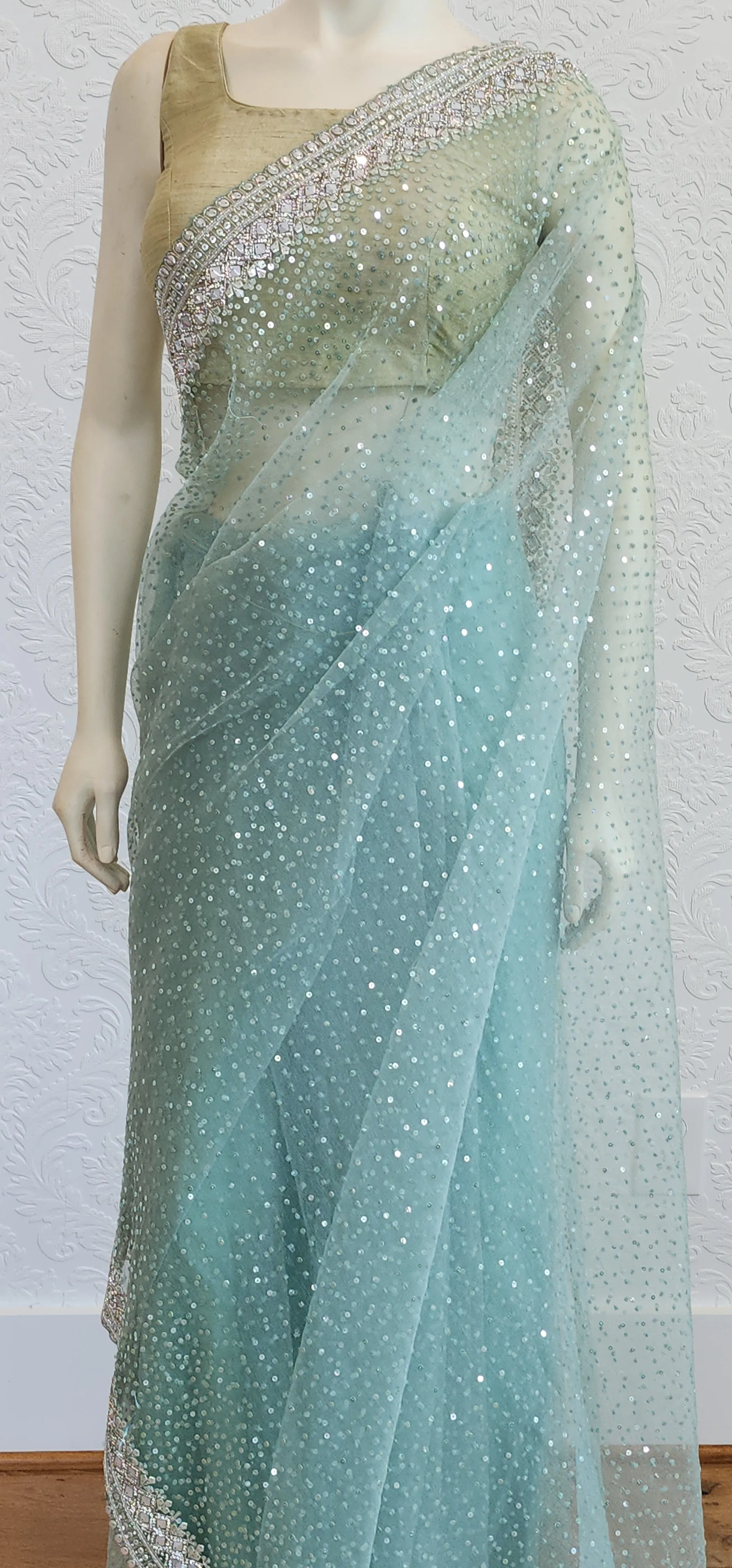 Sequence Organza Saree in Sea Green W/Custom Blouse.