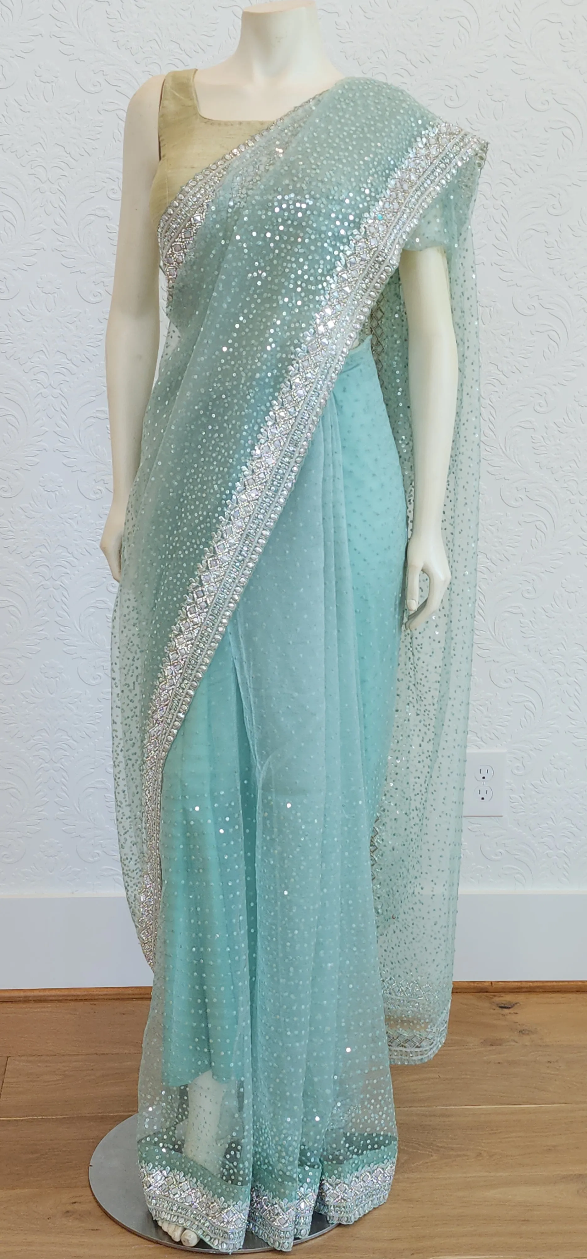 Sequence Organza Saree in Sea Green W/Custom Blouse.