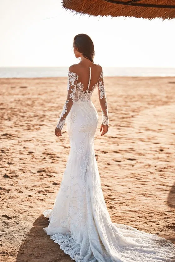 Sexy Sheer Lace Fit and Flare Long Sleeve Wedding Dress