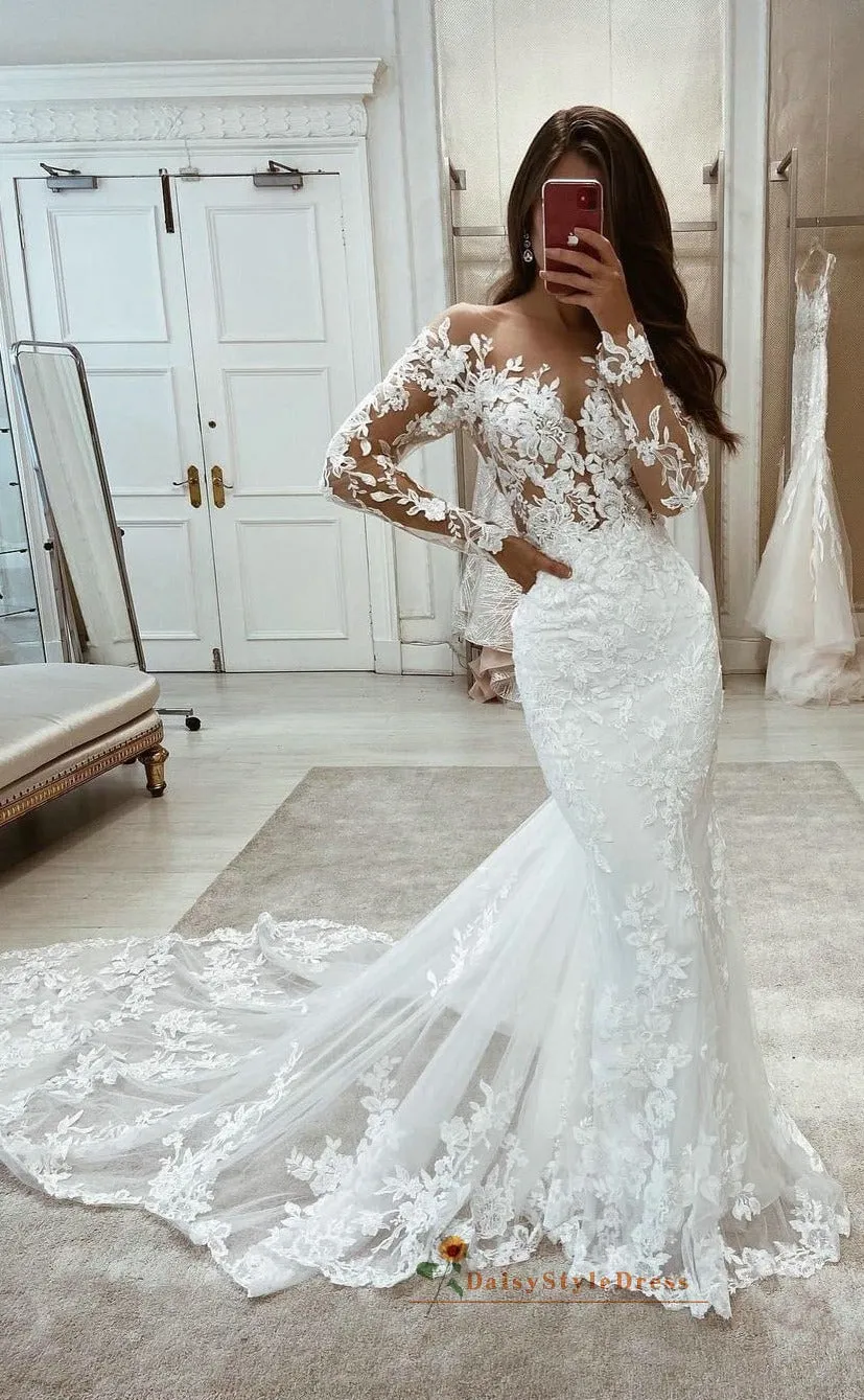 Sexy Sheer Lace Fit and Flare Long Sleeve Wedding Dress