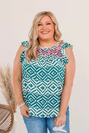 Shatter Expectations Ruffle Sleeve Blouse- Teal