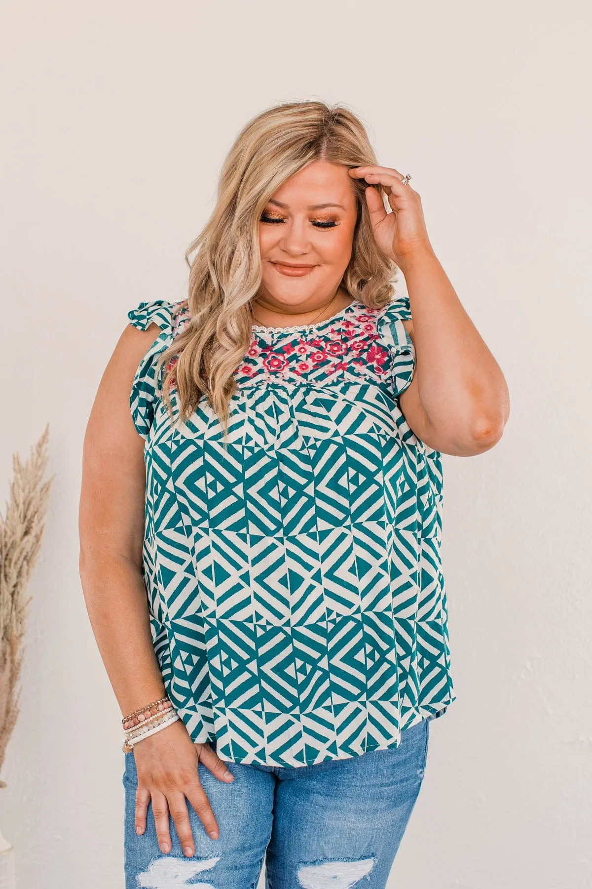 Shatter Expectations Ruffle Sleeve Blouse- Teal