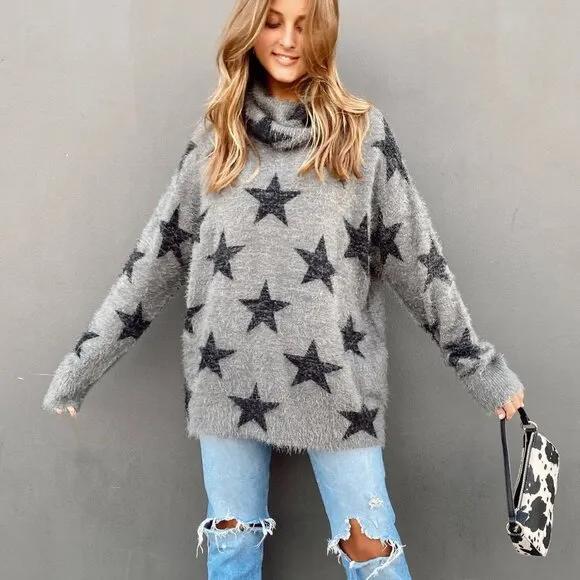 Show Me Your Mumu Fatima Turtleneck Sweater Smokey Star Knit Oversized Small