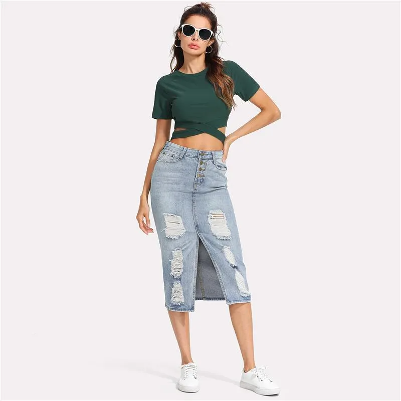 Shredded Long Sheath Denim Skirt