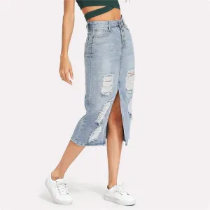 Shredded Long Sheath Denim Skirt