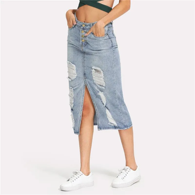 Shredded Long Sheath Denim Skirt
