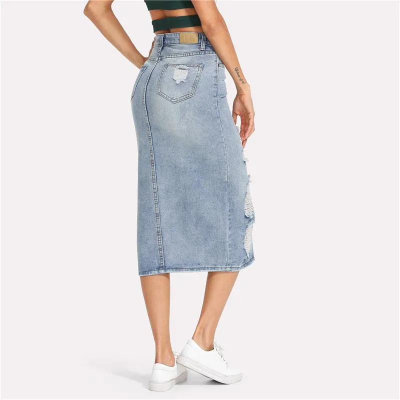 Shredded Long Sheath Denim Skirt