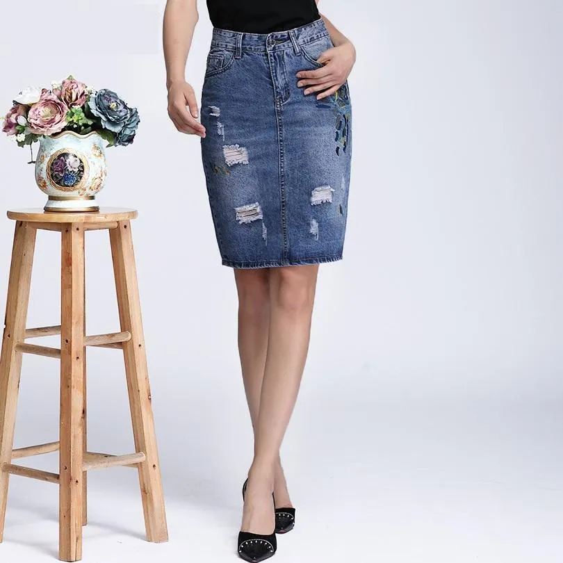 Shredded Pencil Denim Skirt