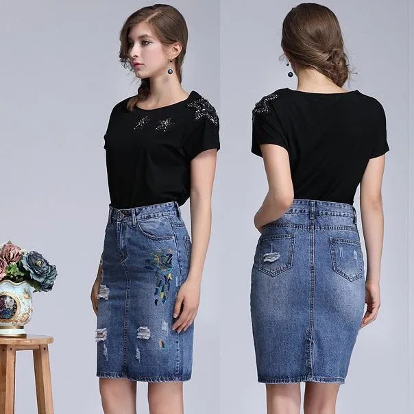 Shredded Pencil Denim Skirt