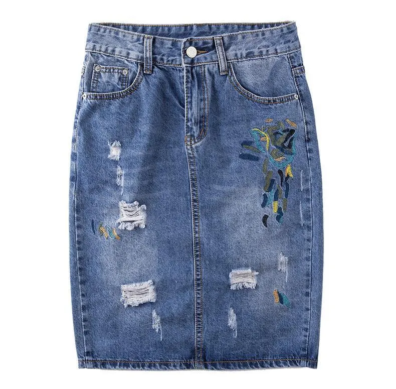 Shredded Pencil Denim Skirt