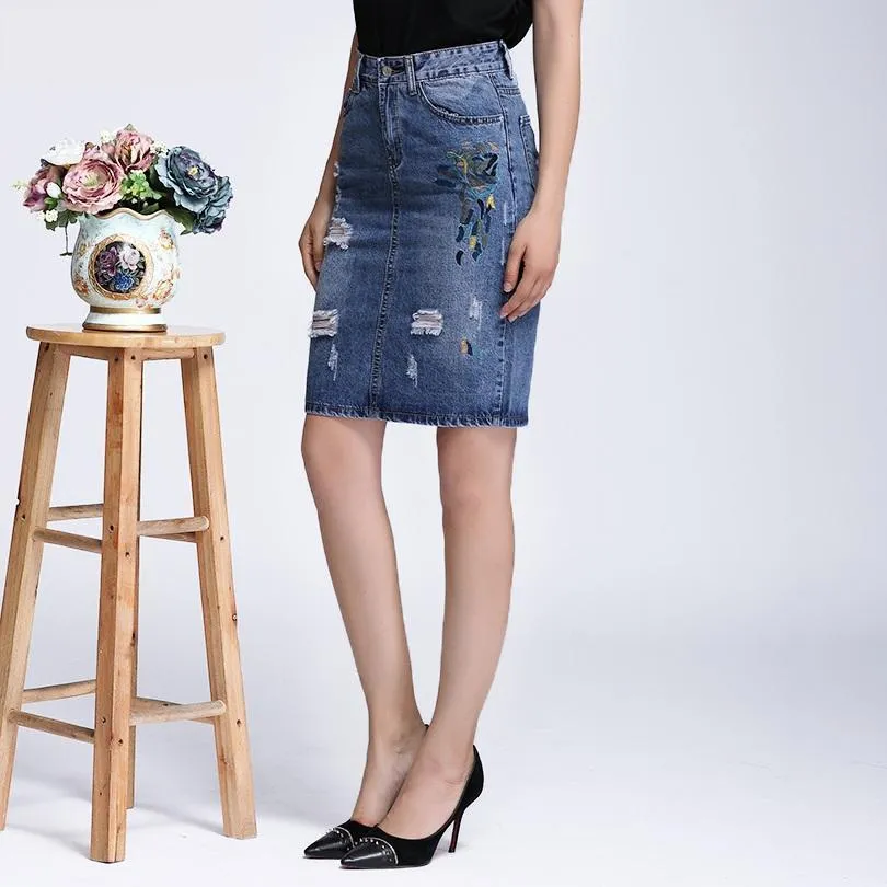 Shredded Pencil Denim Skirt