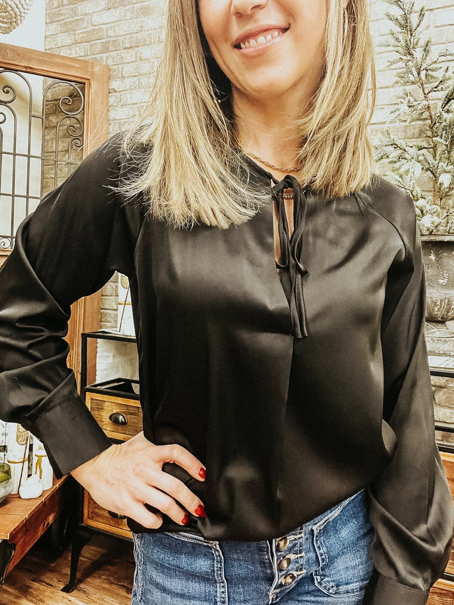 Silver Satin Tie Neck Long Sleeve Blouse