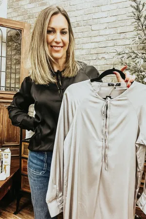 Silver Satin Tie Neck Long Sleeve Blouse
