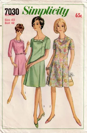 Simplicity 7030 Womens A Line Dress with Skirt Pleats & Two Necklines 1960s Vintage Sewing Pattern Bust 42 inches