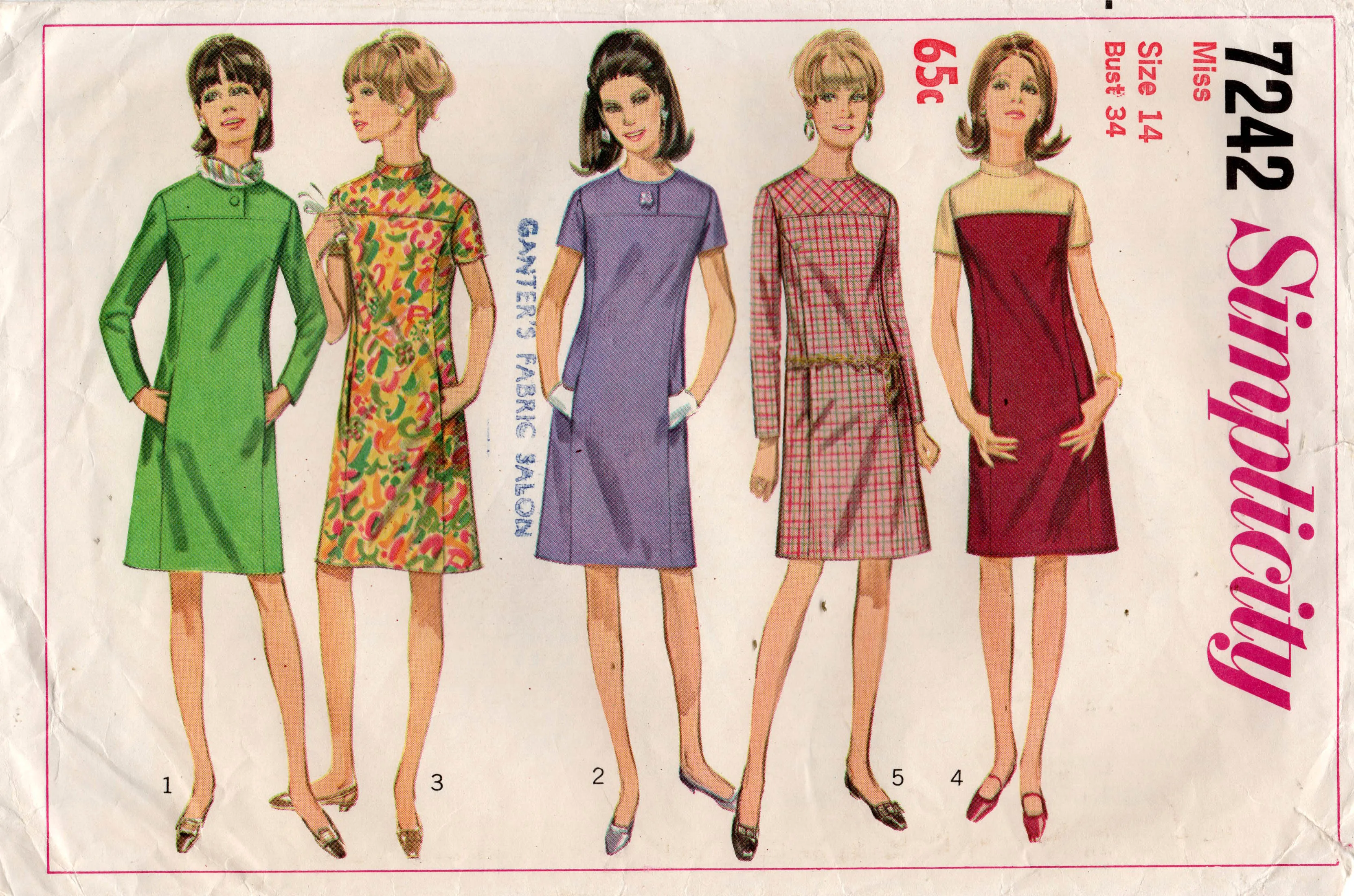Simplicity 7242 Womens Yoked Shift Dress with Pockets 1960s Vintage Sewing Pattern Size 14 Bust 34 inches